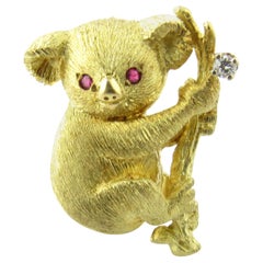 Black Starr & Frost 18 Karat Yellow Gold Diamond Ruby Koala Bear Brooch