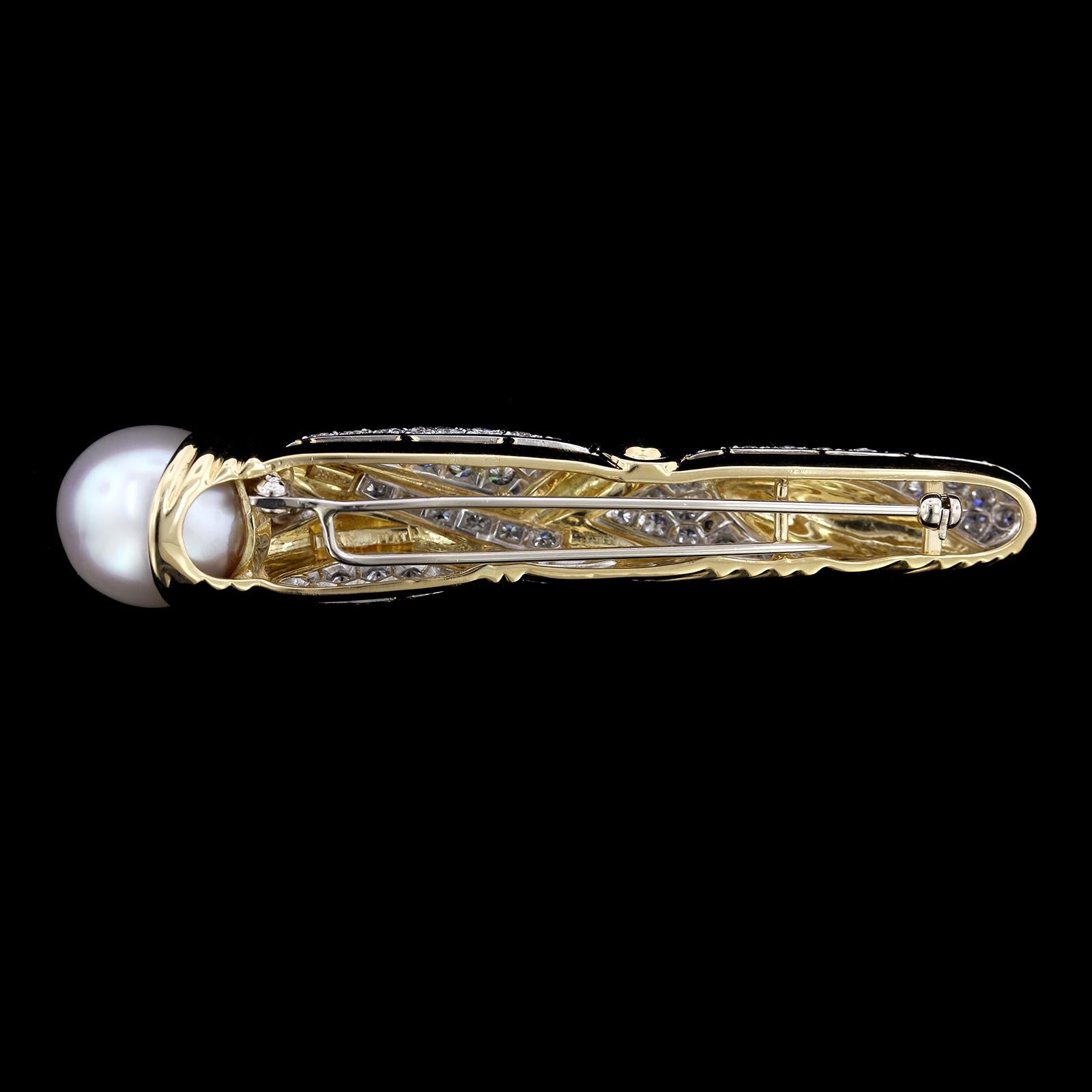Black Starr & Frost 18 Karat Gold, Platinum South Sea Pearl and Diamond Brooch In Good Condition For Sale In Nashua, NH