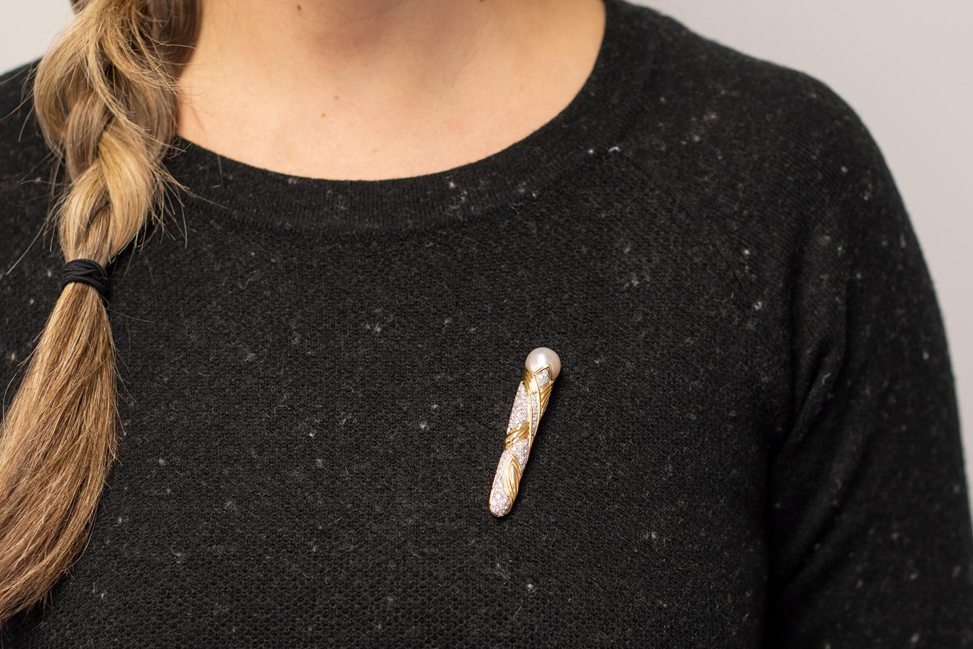 Black Starr & Frost 18 Karat Gold, Platinum South Sea Pearl and Diamond Brooch For Sale 1