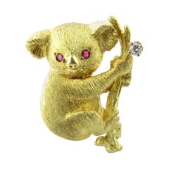 Black Starr & Frost 18 Karat Yellow Gold Diamond Ruby Koala Bear Brooch