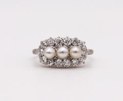 Black Starr & Frost 1910 Edwardian Deco Platinum Ring Diamonds Natural & Pearls