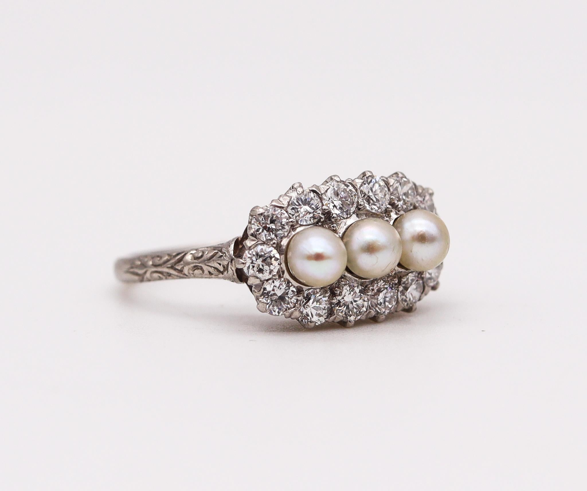 Brilliant Cut Black Starr & Frost 1910 Edwardian Deco Platinum Ring Diamonds Natural & Pearls