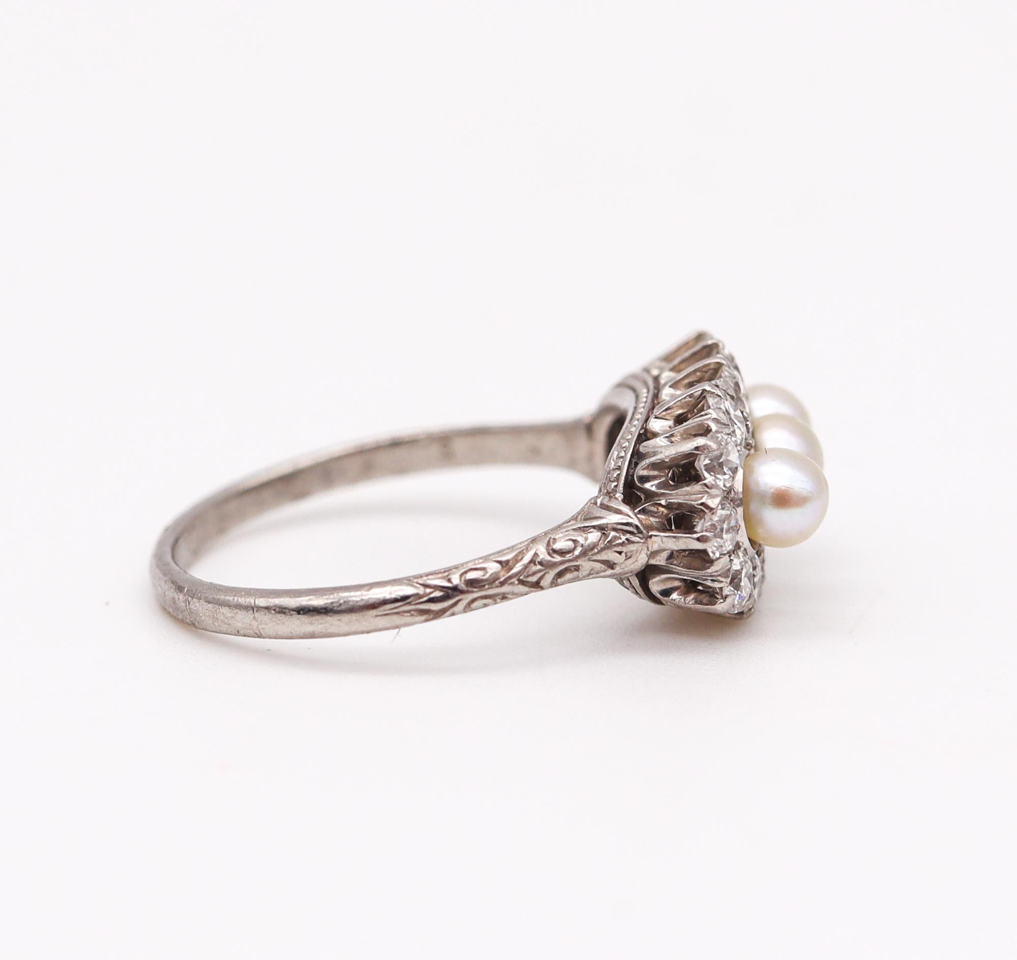 Black Starr & Frost 1910 Edwardian Deco Platinum Ring Diamonds Natural & Pearls In Excellent Condition In Miami, FL