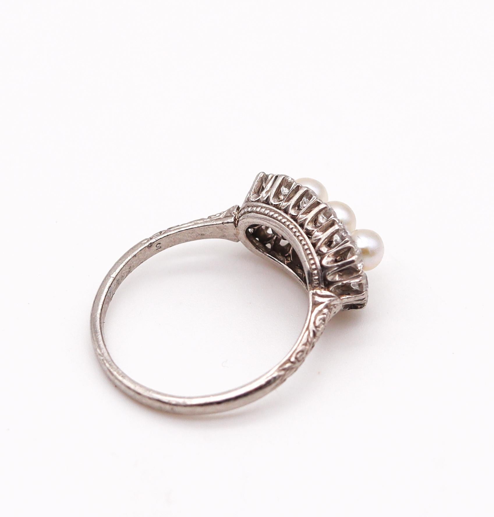 Women's Black Starr & Frost 1910 Edwardian Deco Platinum Ring Diamonds Natural & Pearls