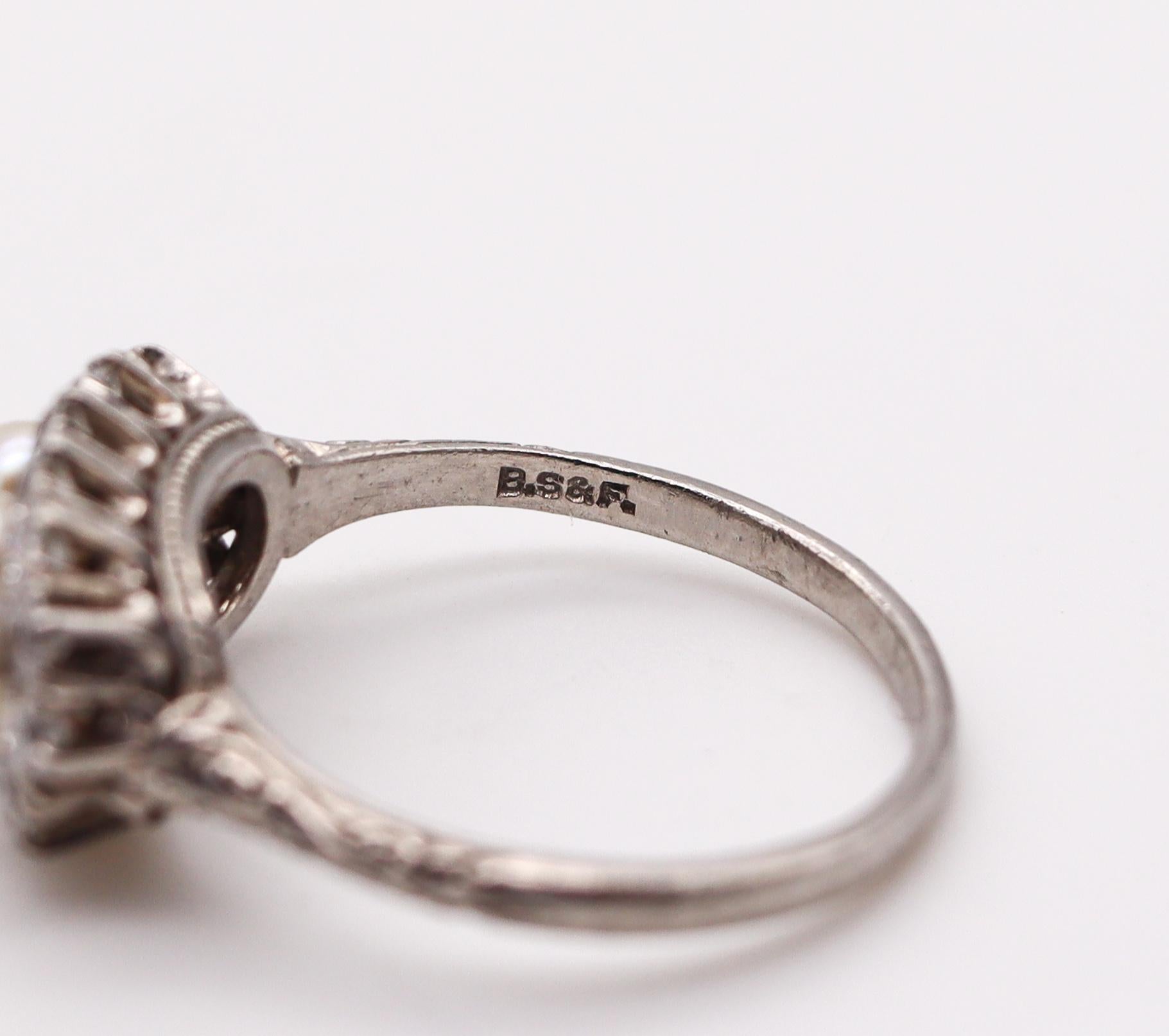 Black Starr & Frost 1910 Edwardian Deco Platinum Ring Diamonds Natural & Pearls 1