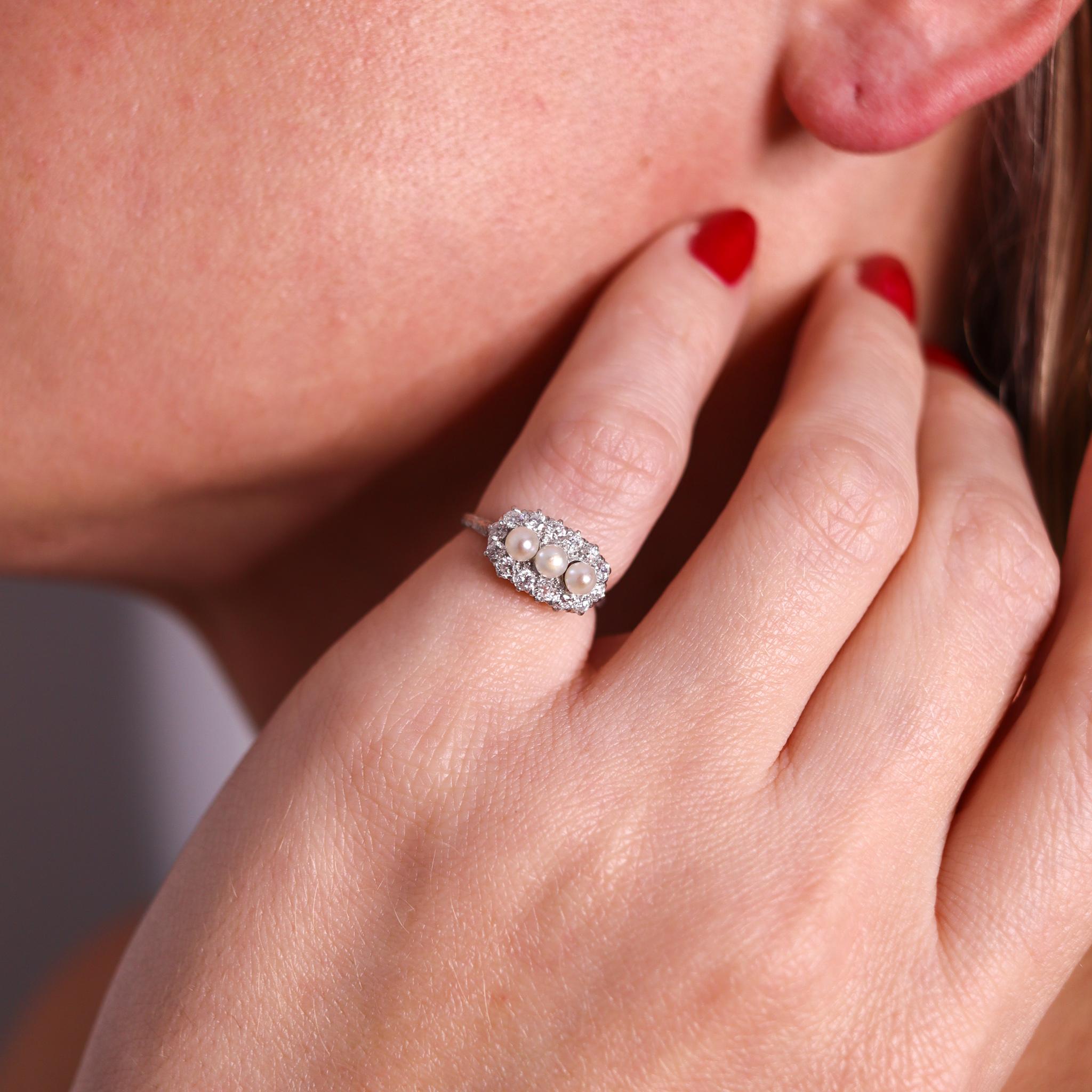 Black Starr & Frost 1910 Edwardian Deco Platinum Ring Diamonds Natural & Pearls 2