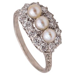 Antique Black Starr & Frost 1910 Edwardian Deco Platinum Ring Diamonds Natural & Pearls