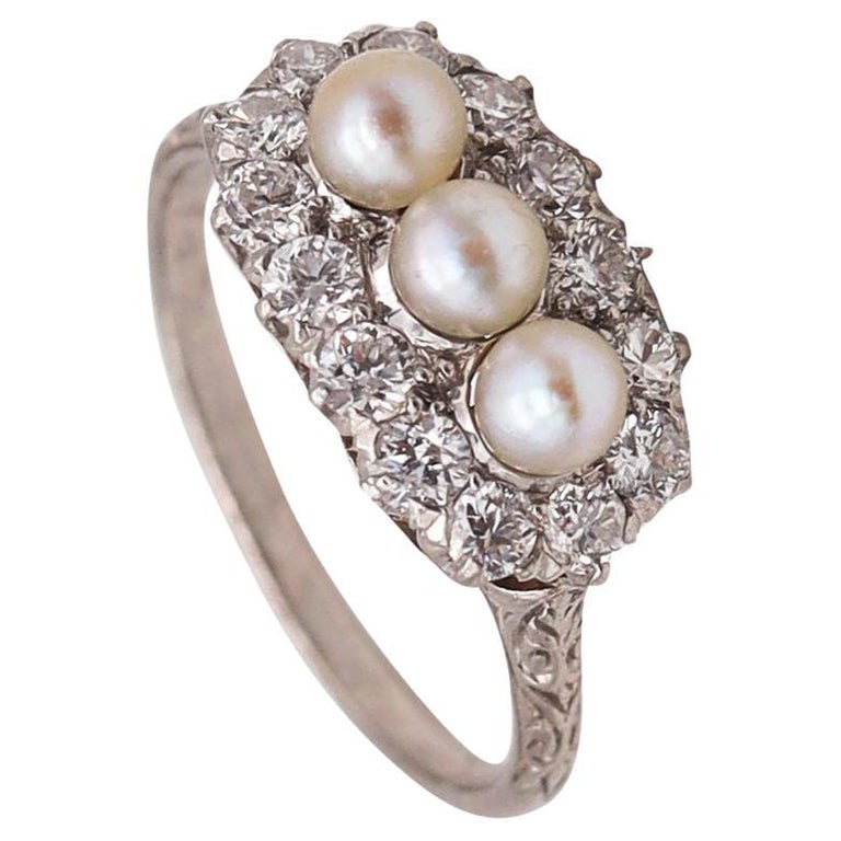 Black Starr & Frost 1910 Edwardian Deco Platinum Ring Diamonds Natural & Pearls