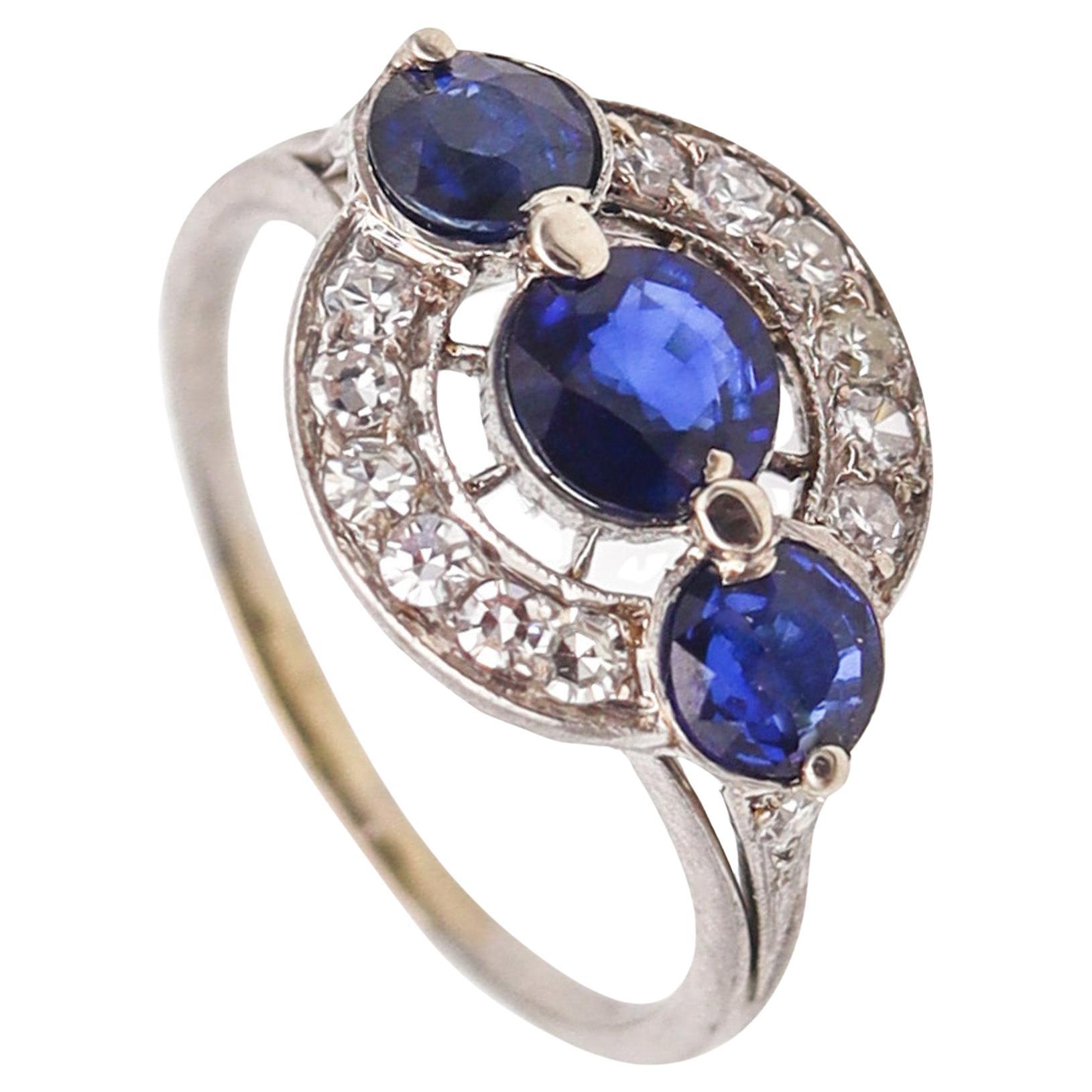 Black Starr & Frost 1925 Art Deco Platinum Ring And 3.55 Ctw Sapphires & Diamond For Sale