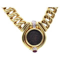 Vintage Black Starr & Frost 1980s Ancient Coin Diamond Ruby 18 Karat Gold Necklace