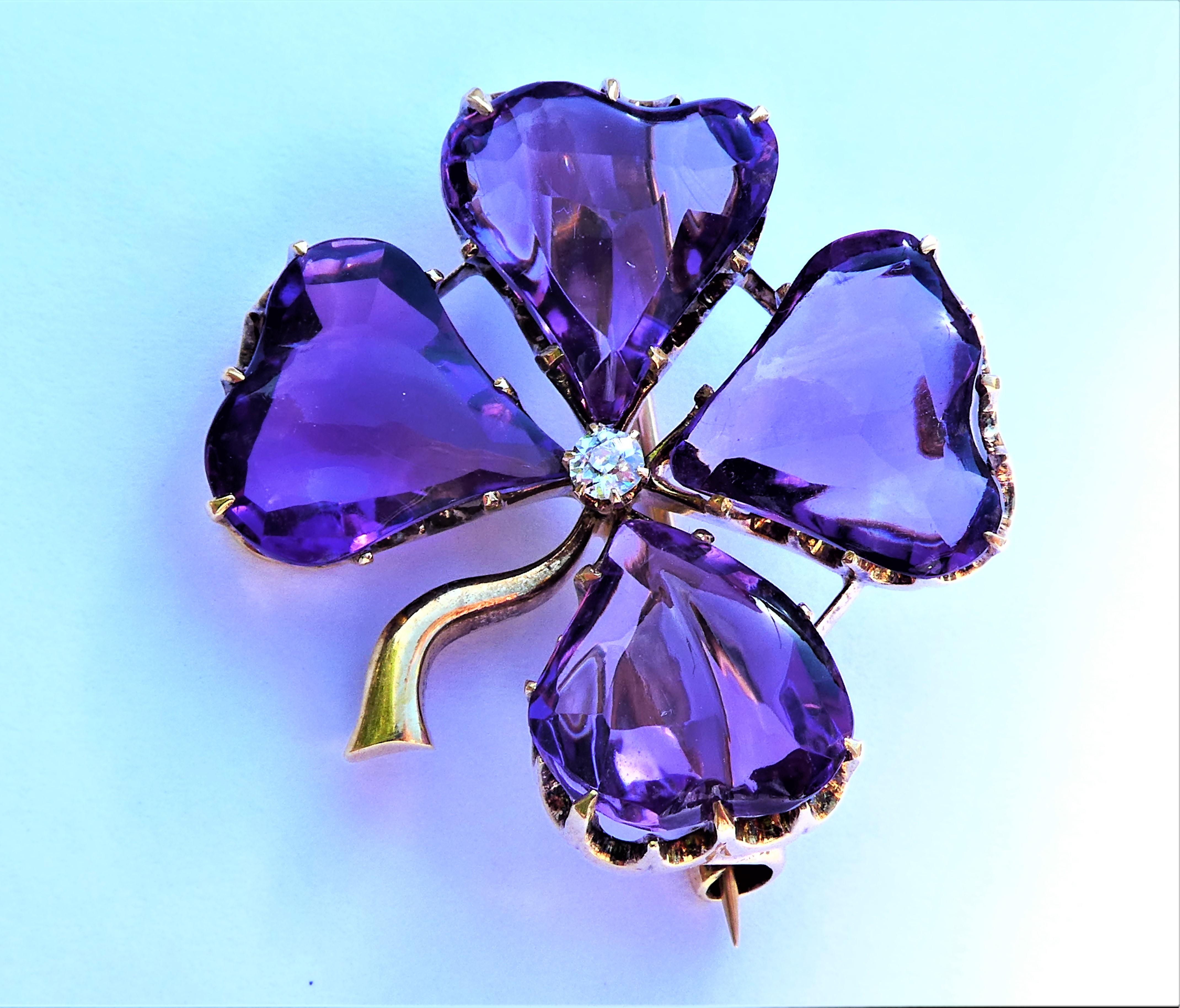 This spectacular brooch has a fold down attachment. It can also be worn as a pendant on a chain. Black, Starr & Frost was a prestigious jeweller in N. Y. and this lucky four leaf clover was crafted by BS&F around 1900 to 1910 in 14 karat gold with