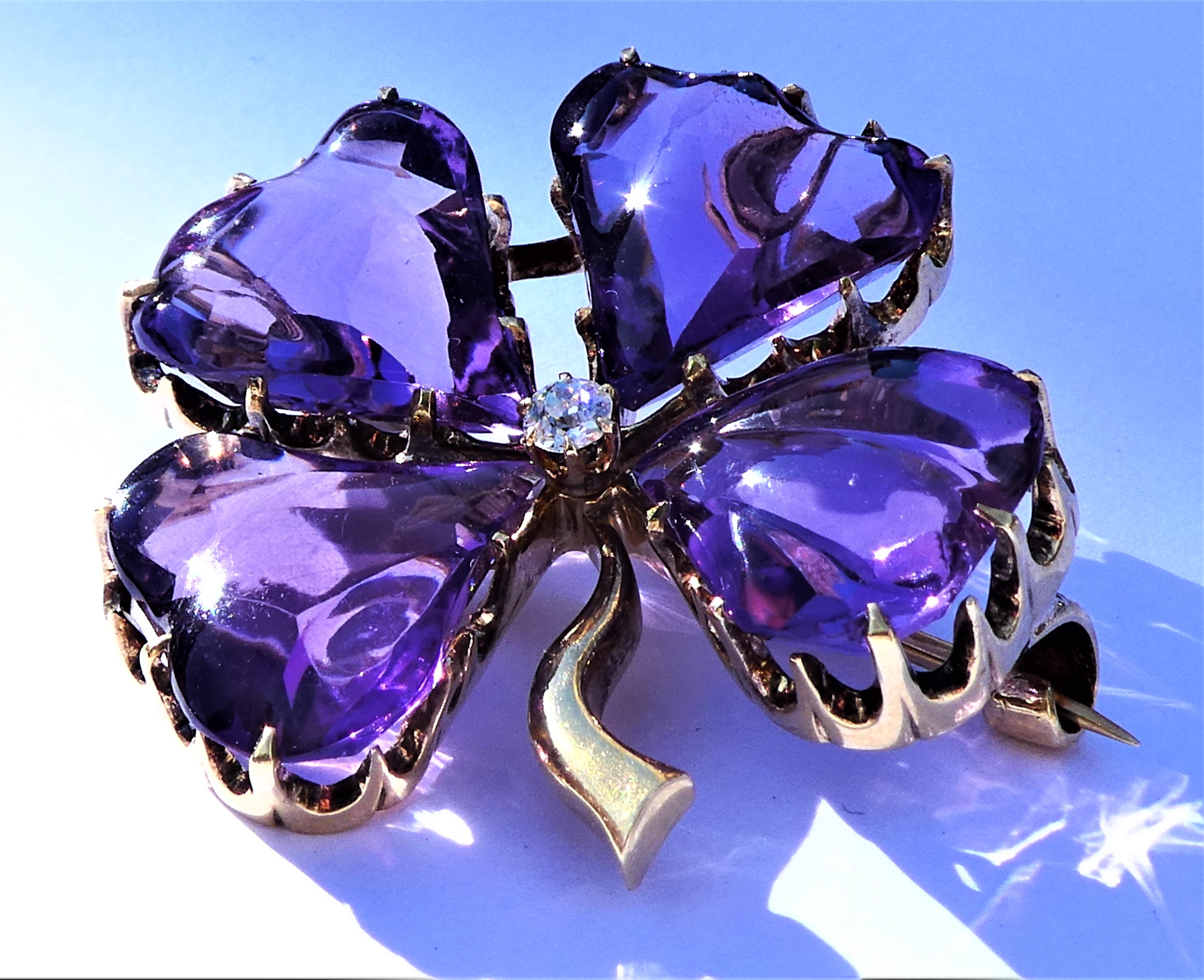 Women's Black Starr & Frost Amethyst Four Leaf Clover Art Nouveau Gold Brooch Pendant For Sale