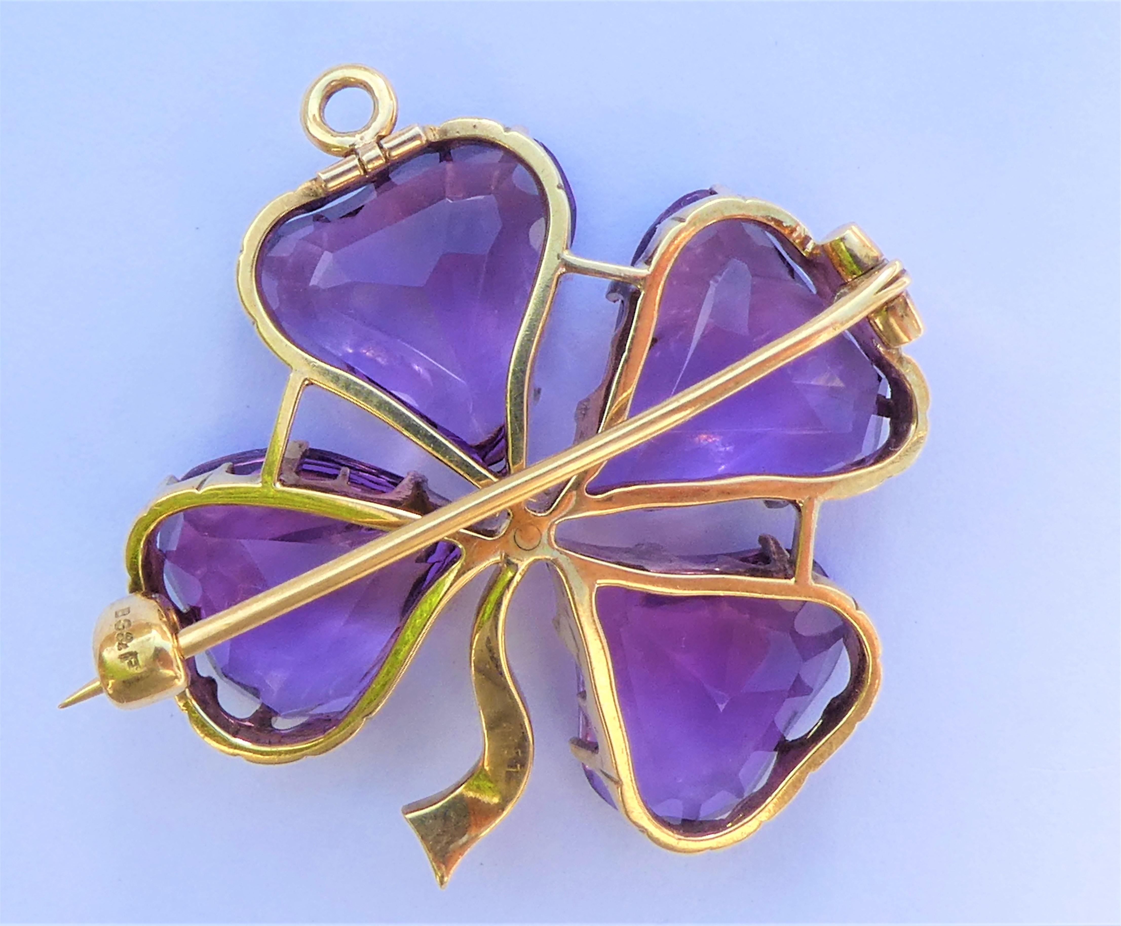 Black Starr & Frost Amethyst Four Leaf Clover Art Nouveau Gold Brooch Pendant For Sale 2