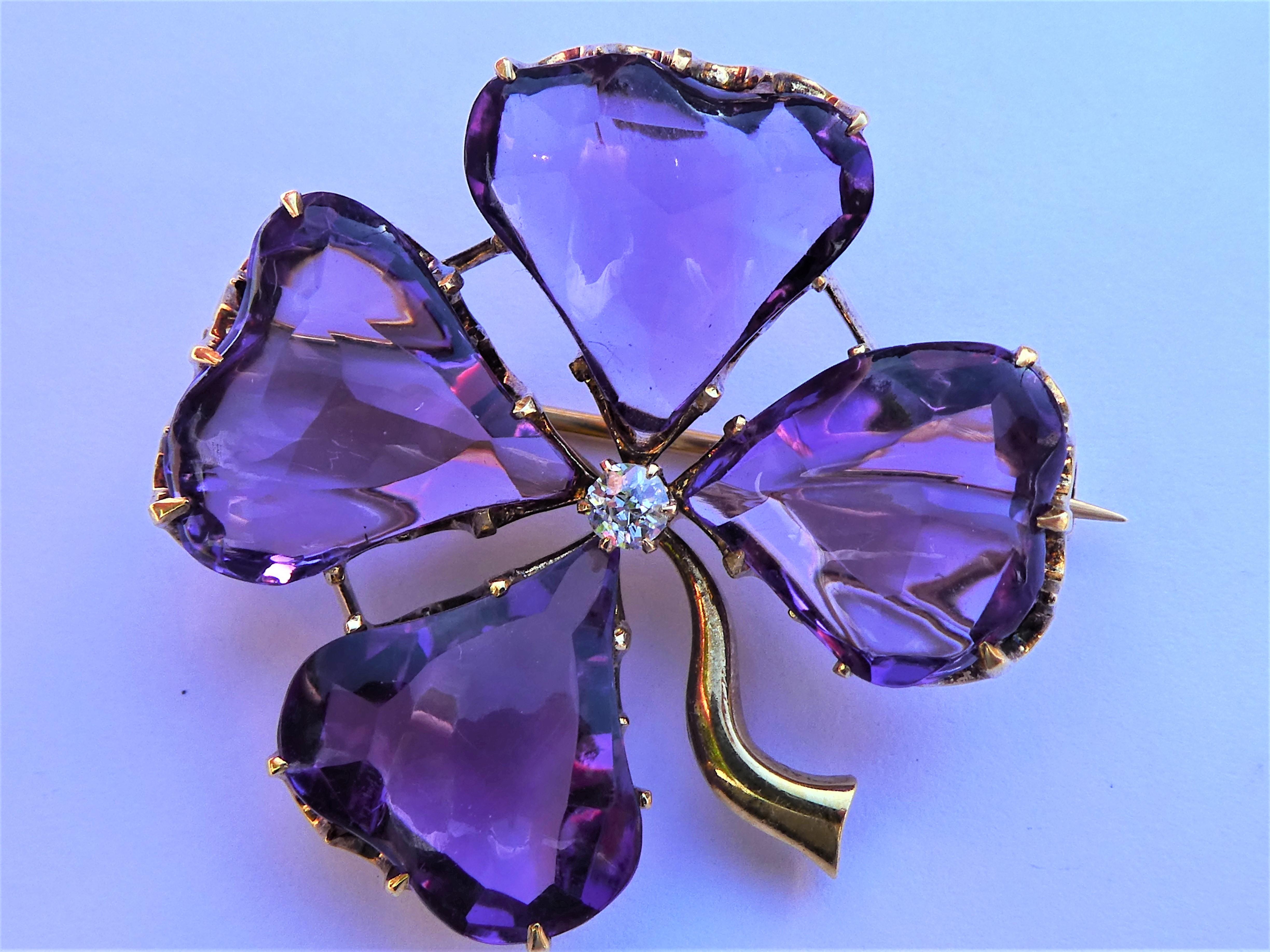 Black Starr & Frost Amethyst Four Leaf Clover Art Nouveau Gold Brooch Pendant For Sale 4