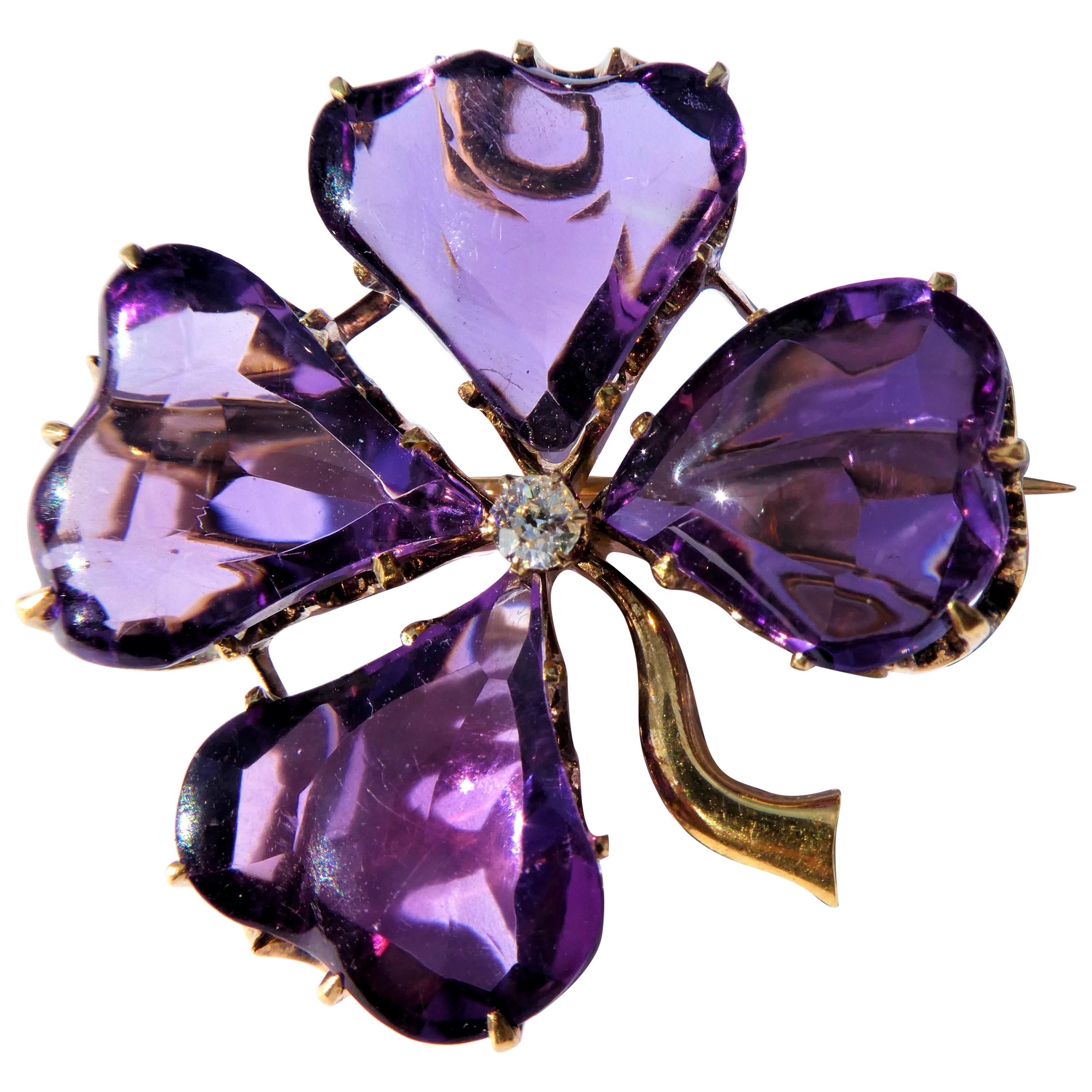 Black Starr & Frost Amethyst Four Leaf Clover Art Nouveau Gold Brooch Pendant For Sale