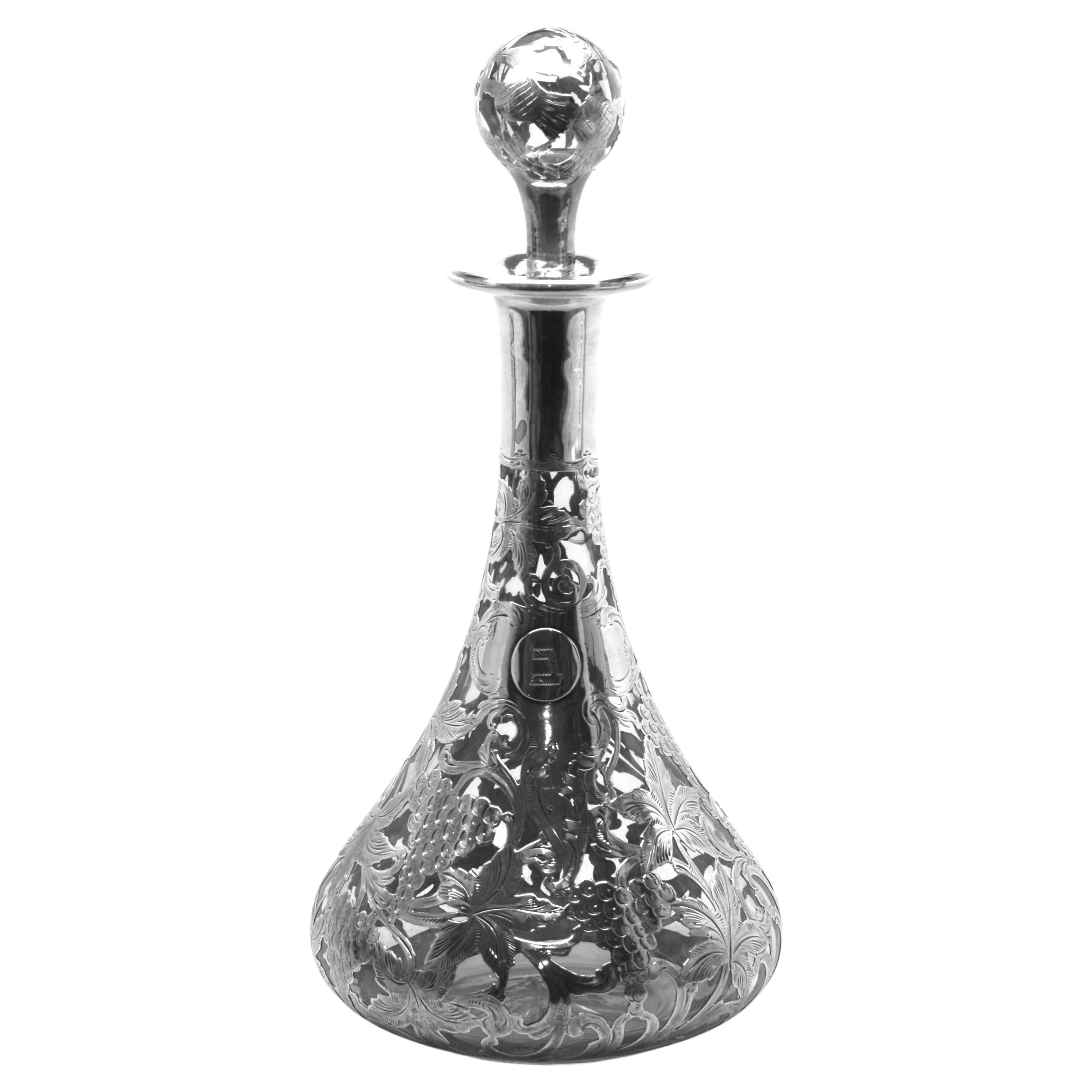 Black, Starr & Frost Antique Fine Silver Overlay Crystal Decanter in vendita