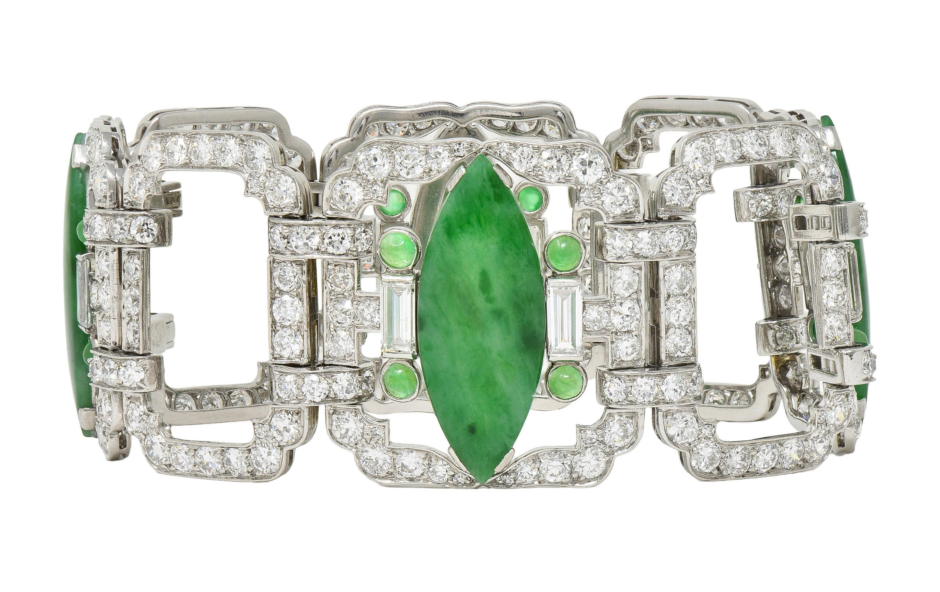 Black Starr & Frost Pulsera Art Déco 17.30 CTW Diamante Jade Platino Vintage Corte marquesa en venta
