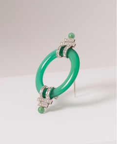 Black Starr & Frost Art Deco Chrysoprase, Platinum and Diamond Ring Brooch