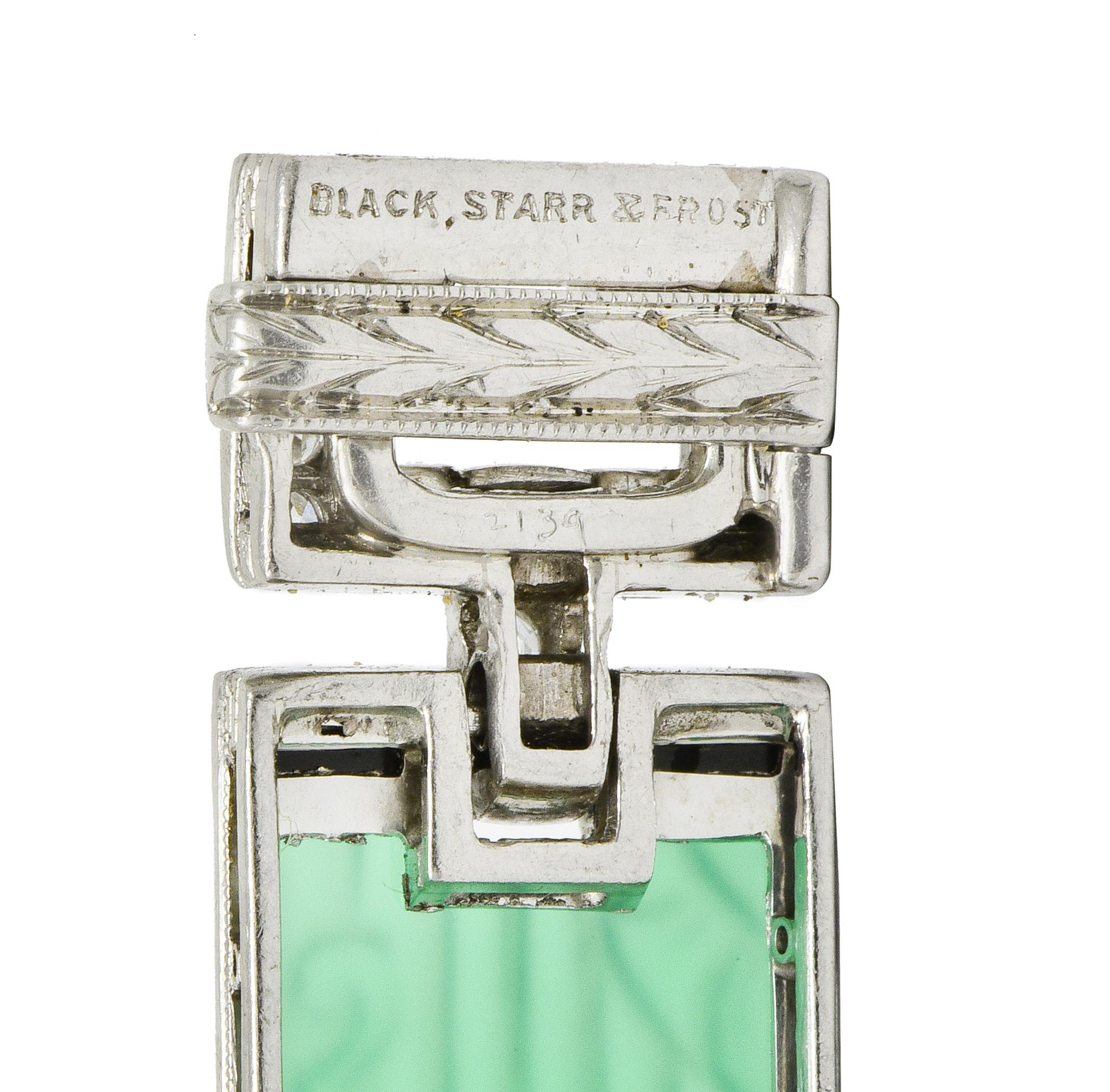 Black Starr & Frost Art Deco Diamond Chrysoprase Enamel Platinum Link Bracelet 7