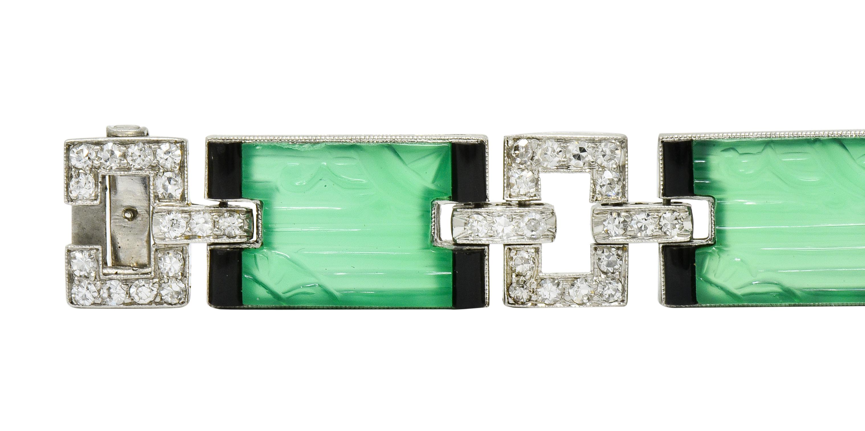 Women's or Men's Black Starr & Frost Art Deco Diamond Chrysoprase Enamel Platinum Link Bracelet