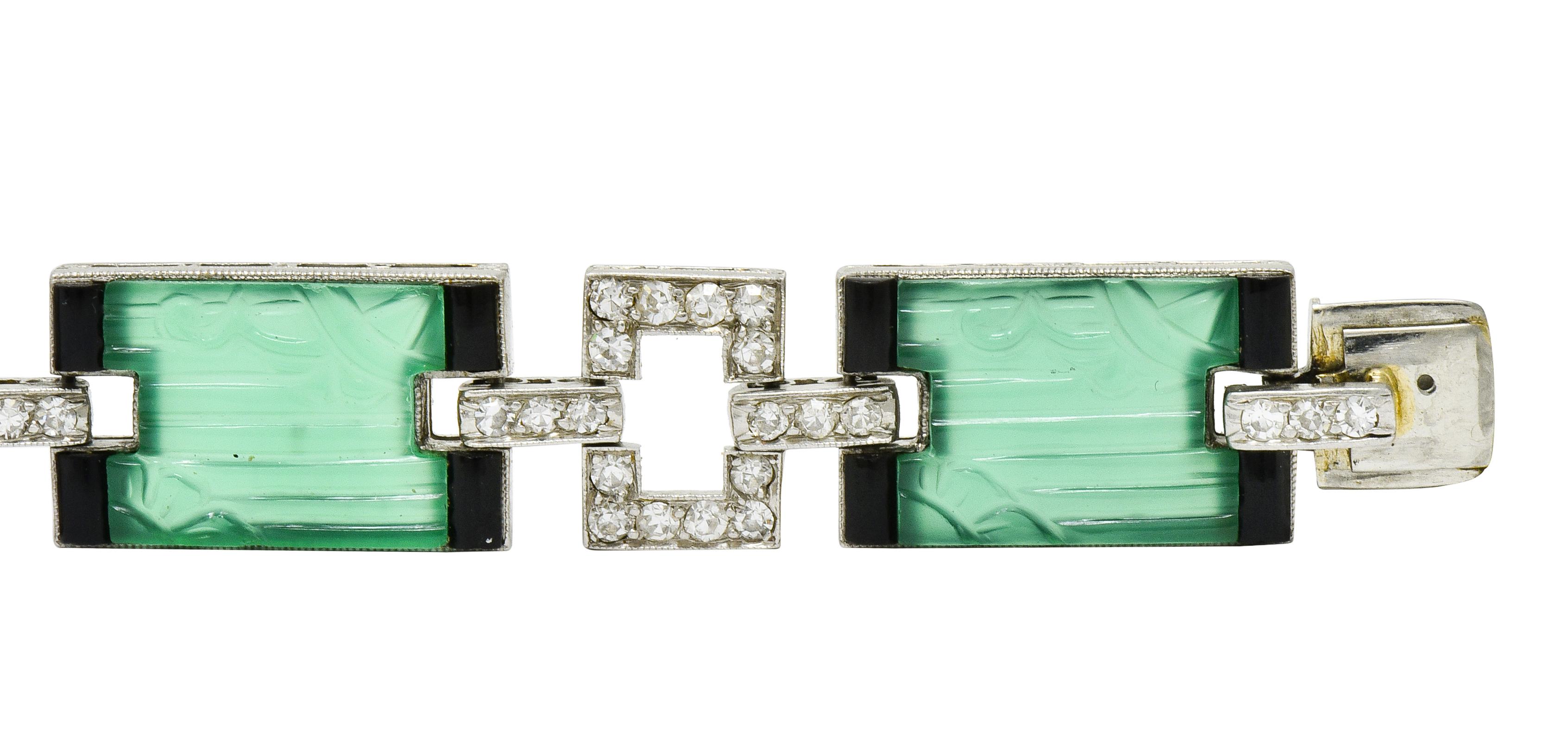 Black Starr & Frost Art Deco Diamond Chrysoprase Enamel Platinum Link Bracelet 2