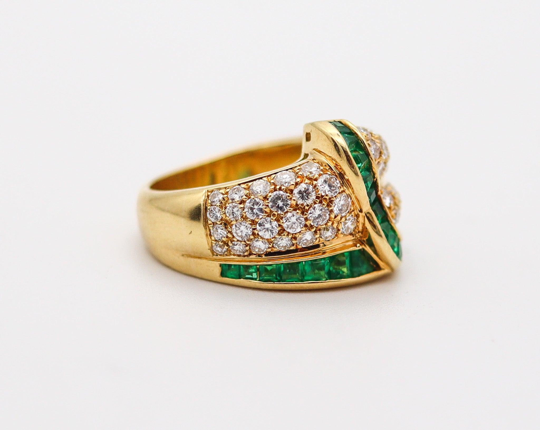 French Cut BLACK STARR & FROST Cocktail Ring 18Kt Gold With 4.45 Ctw In Diamonds & Emeralds For Sale