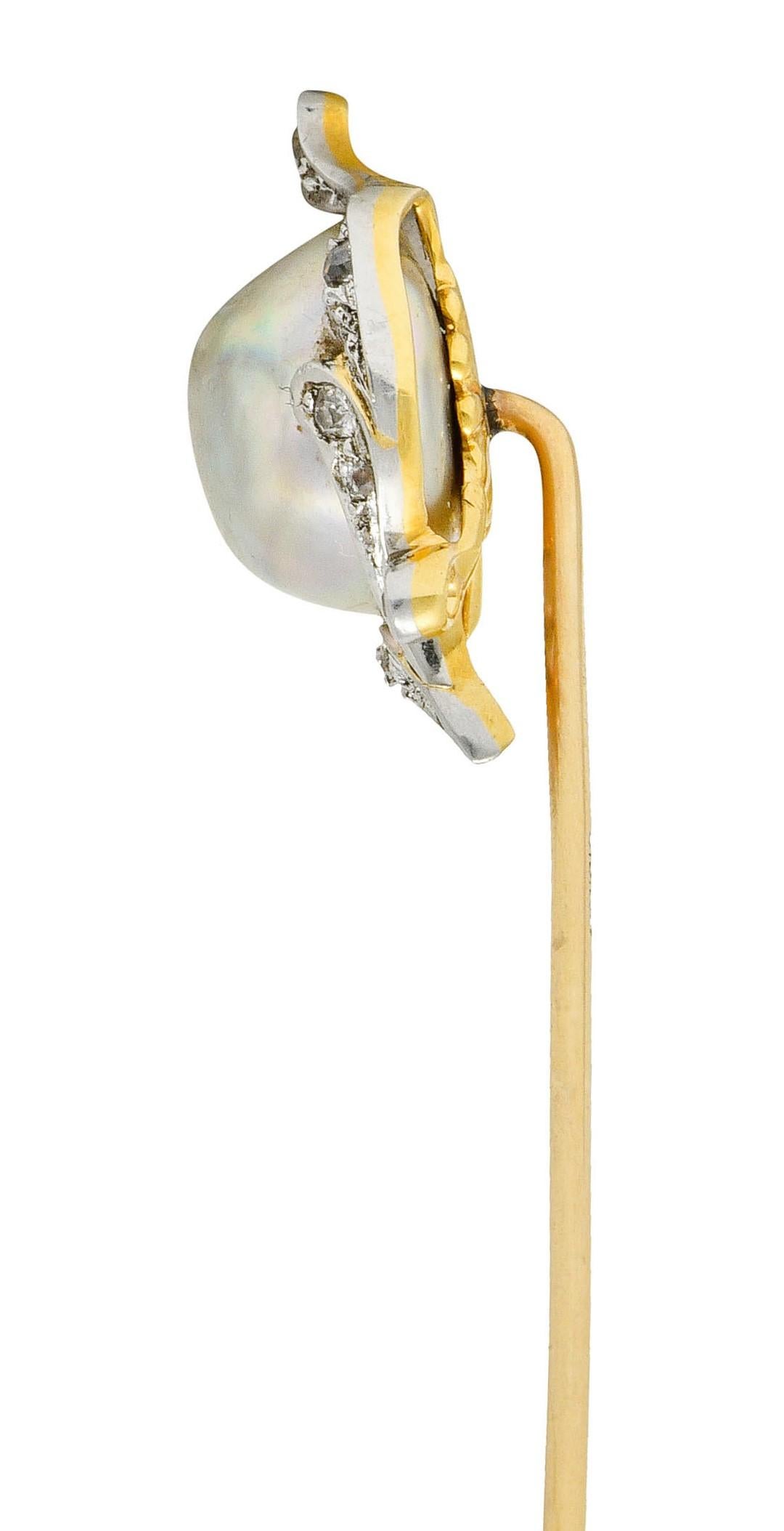 Black Starr & Frost Diamond Baroque Pearl Platinum-Topped 18 Karat Gold Stickpin In Excellent Condition In Philadelphia, PA
