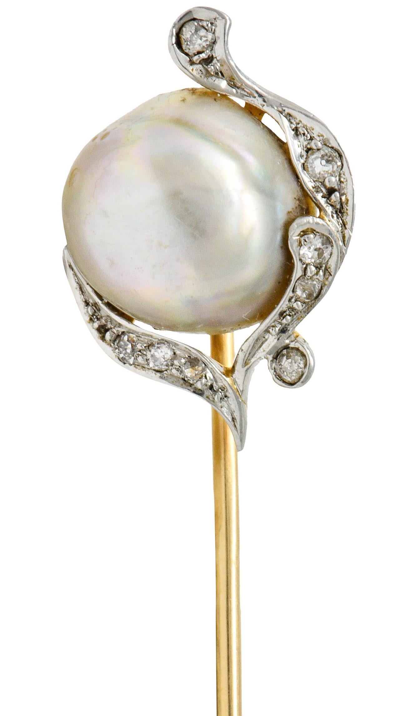 Women's or Men's Black Starr & Frost Diamond Baroque Pearl Platinum-Topped 18 Karat Gold Stickpin