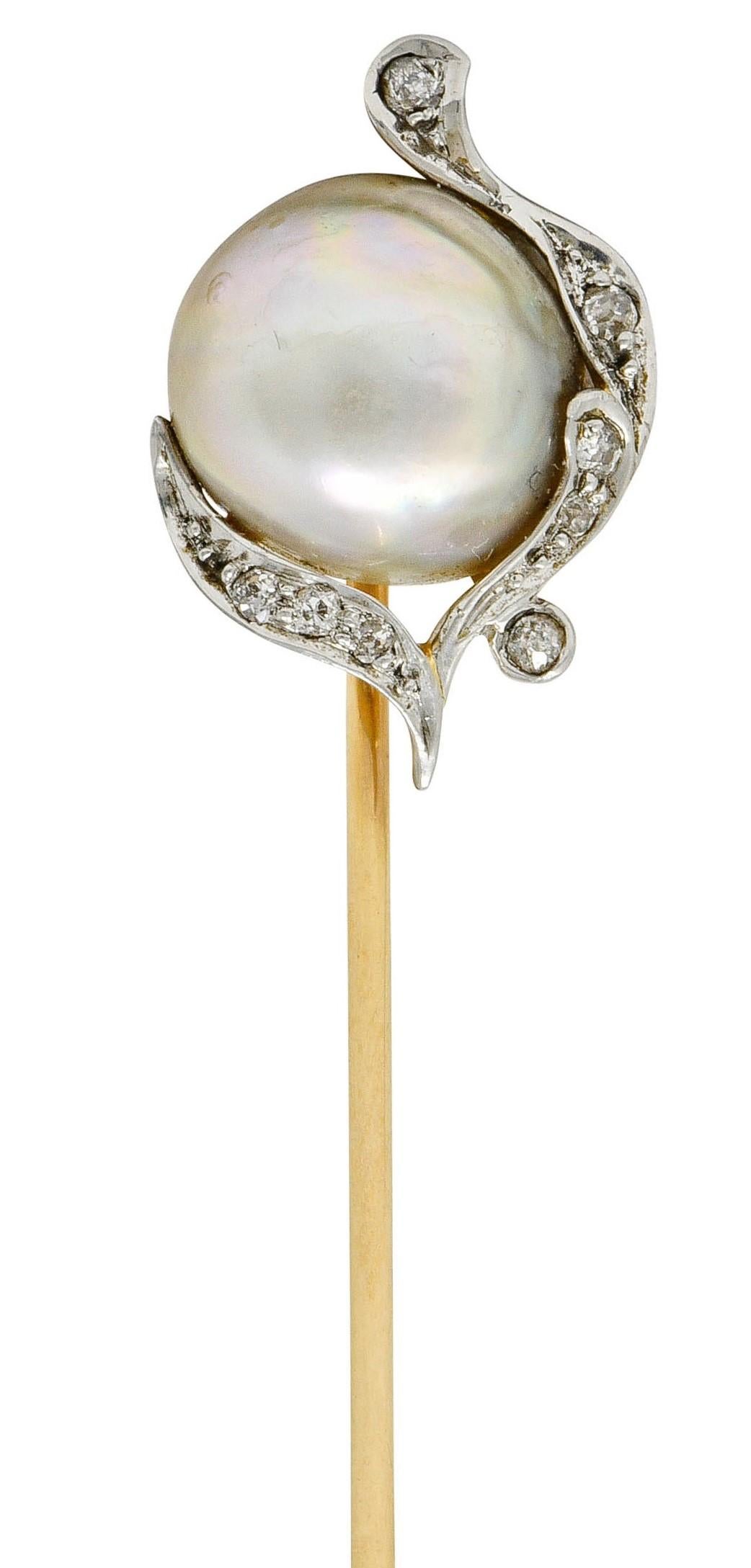 Black Starr & Frost Diamond Baroque Pearl Platinum-Topped 18 Karat Gold Stickpin 1