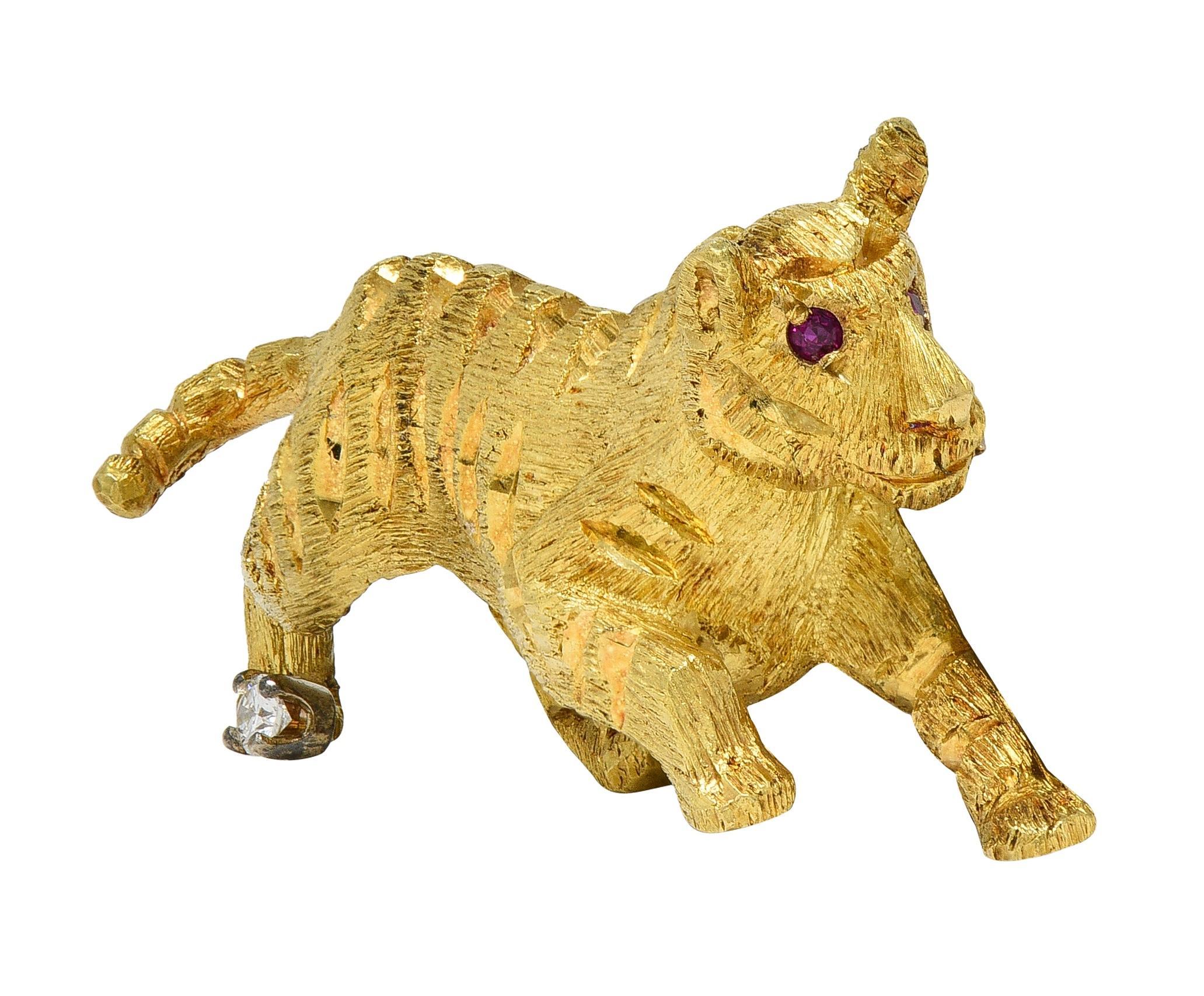 Modern Black Starr & Frost Diamond Ruby 18 Karat Yellow Gold Vintage Tiger Brooch For Sale