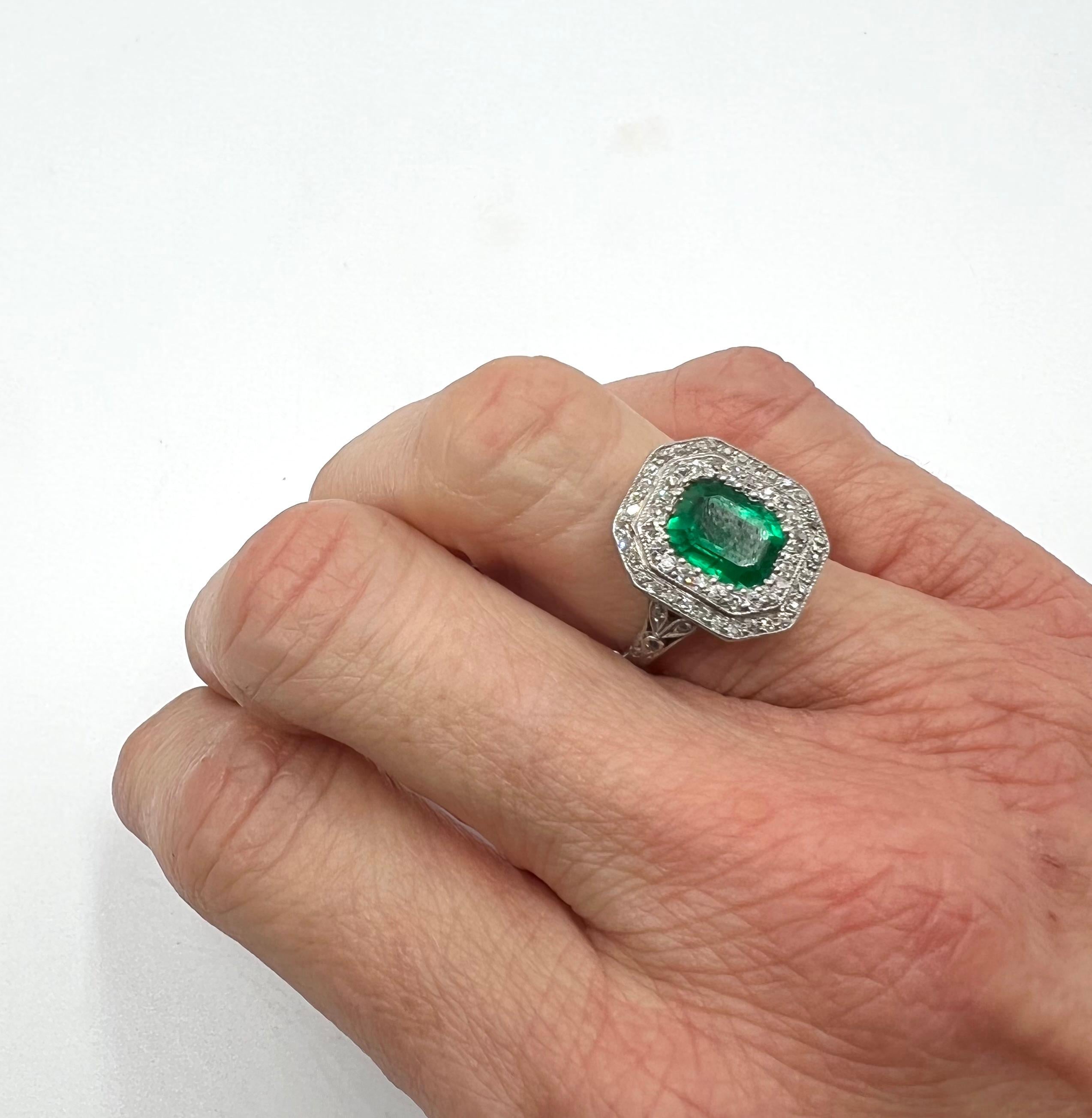 Emerald Cut Art Deco Platinum Colombian Emerald Diamond Black Starr Frost Ring For Sale