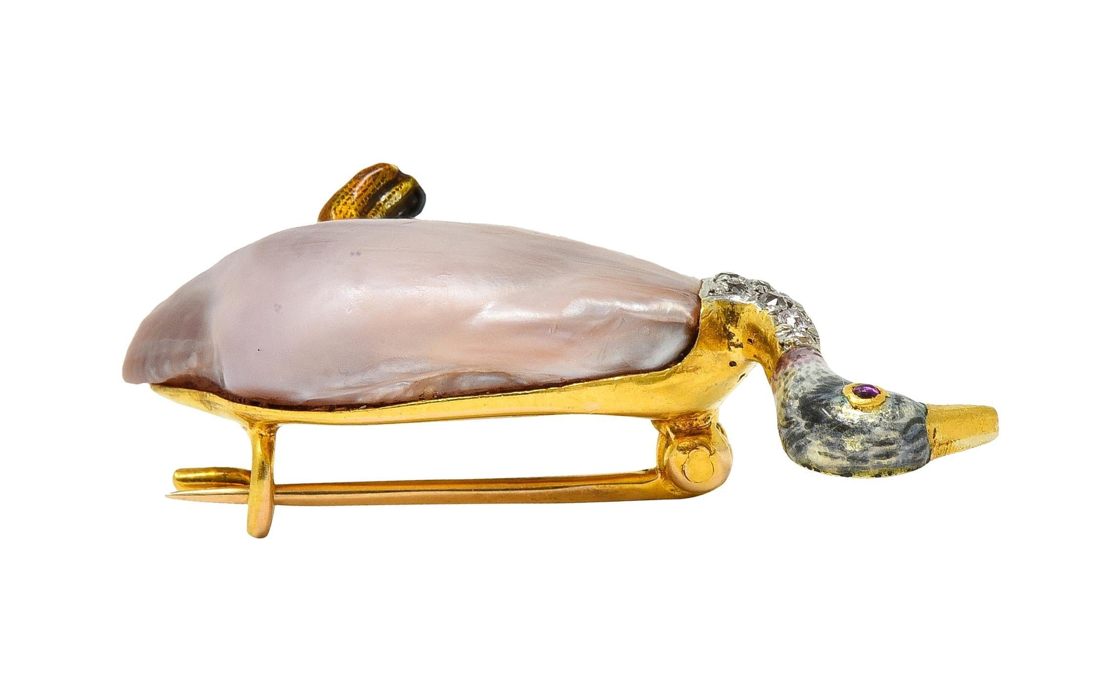 Black Starr & Frost Edwardian Natural Pearl Diamond 14K Gold Ostrich Bird Brooch For Sale 5