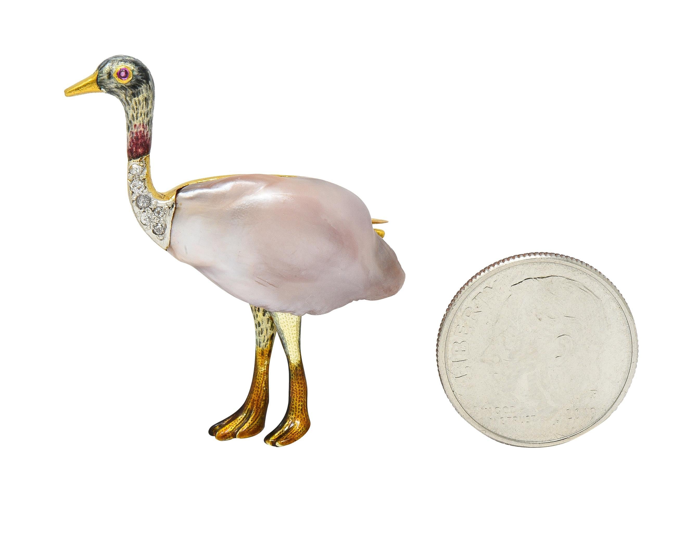 Black Starr & Frost Edwardian Natural Pearl Diamond 14K Gold Ostrich Bird Brooch For Sale 8