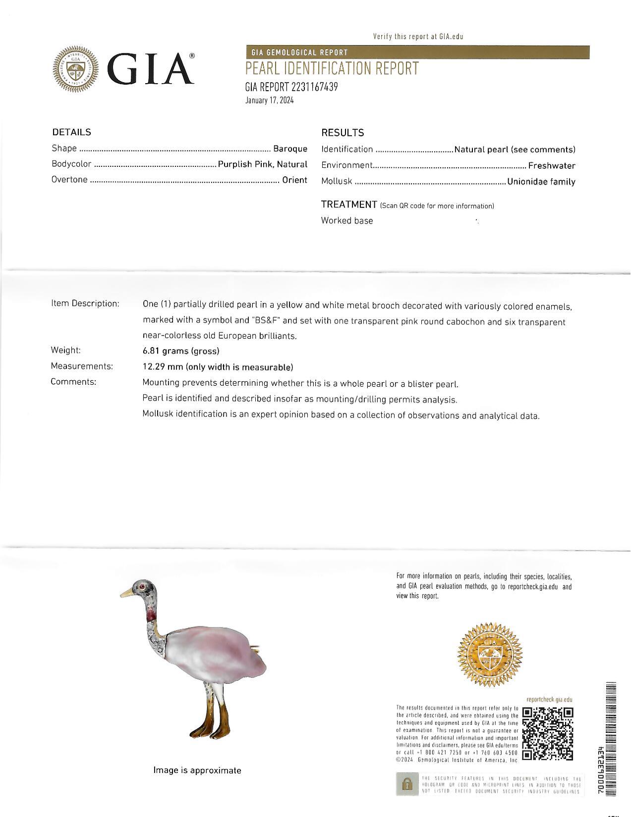 Black Starr & Frost Edwardian Natural Pearl Diamond 14K Gold Ostrich Bird Brooch For Sale 9