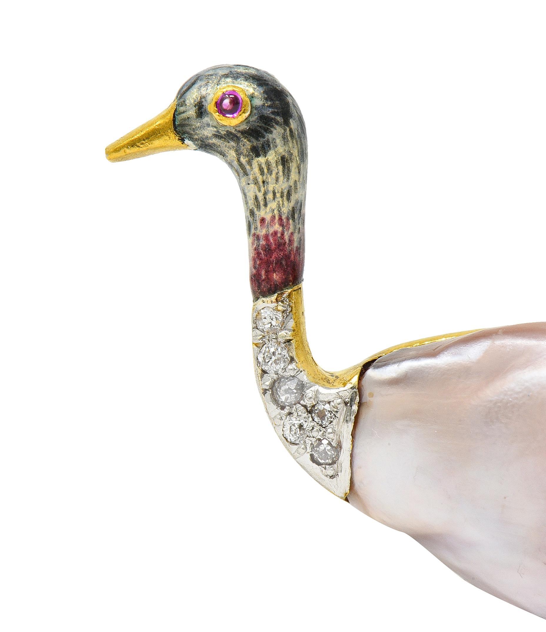 Women's or Men's Black Starr & Frost Edwardian Natural Pearl Diamond 14K Gold Ostrich Bird Brooch For Sale