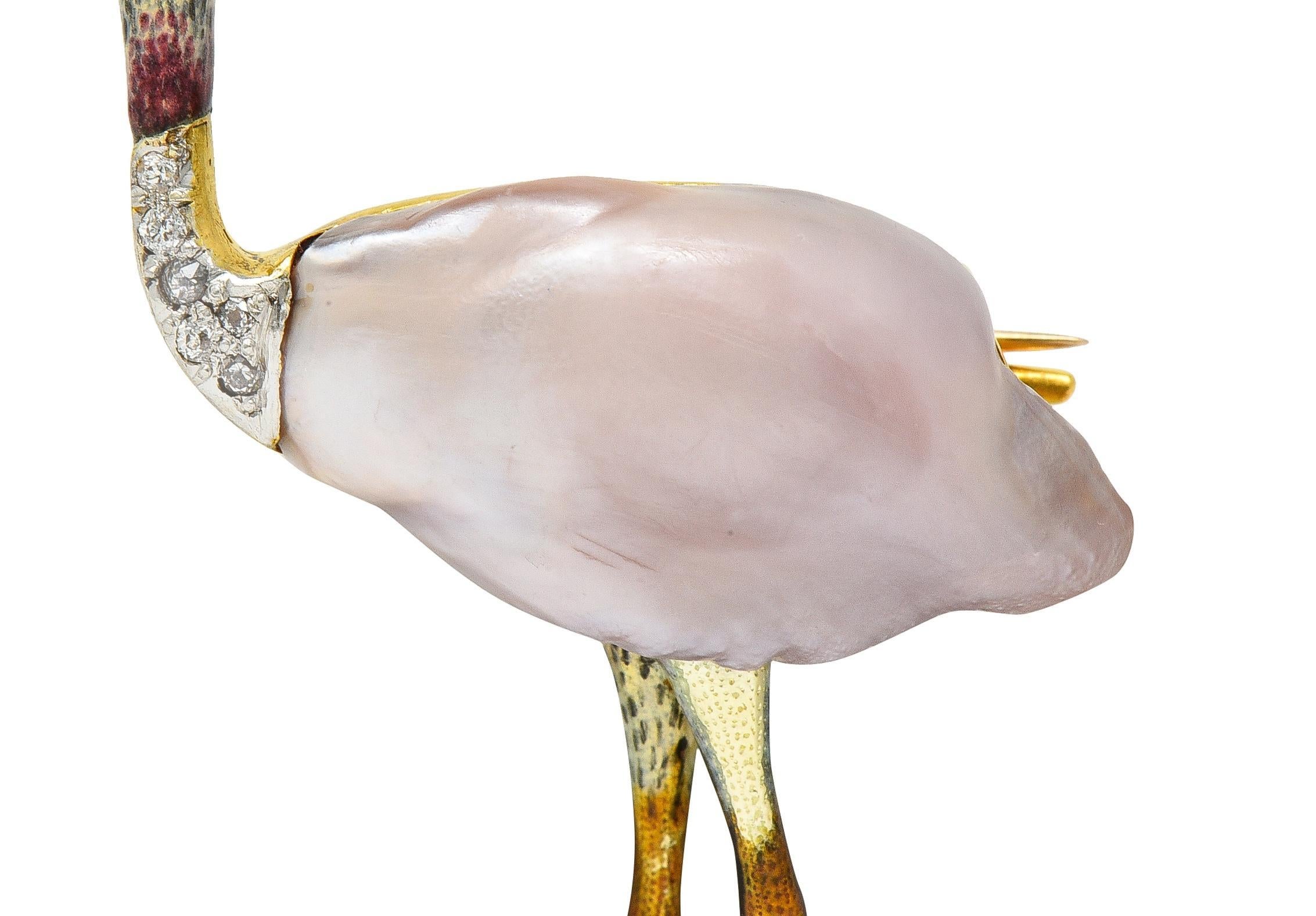 Black Starr & Frost Edwardian Natural Pearl Diamond 14K Gold Ostrich Bird Brooch For Sale 1