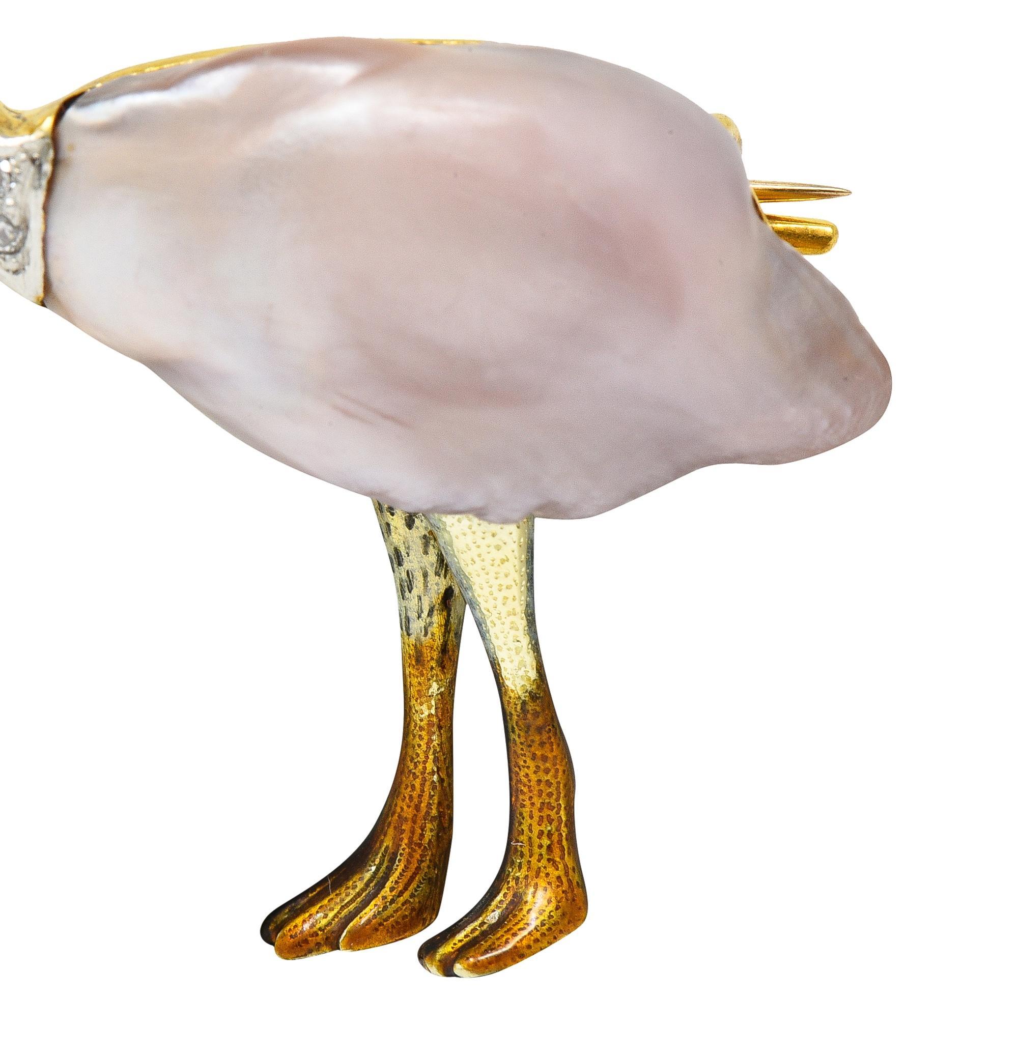 Black Starr & Frost Edwardian Natural Pearl Diamond 14K Gold Ostrich Bird Brooch For Sale 2