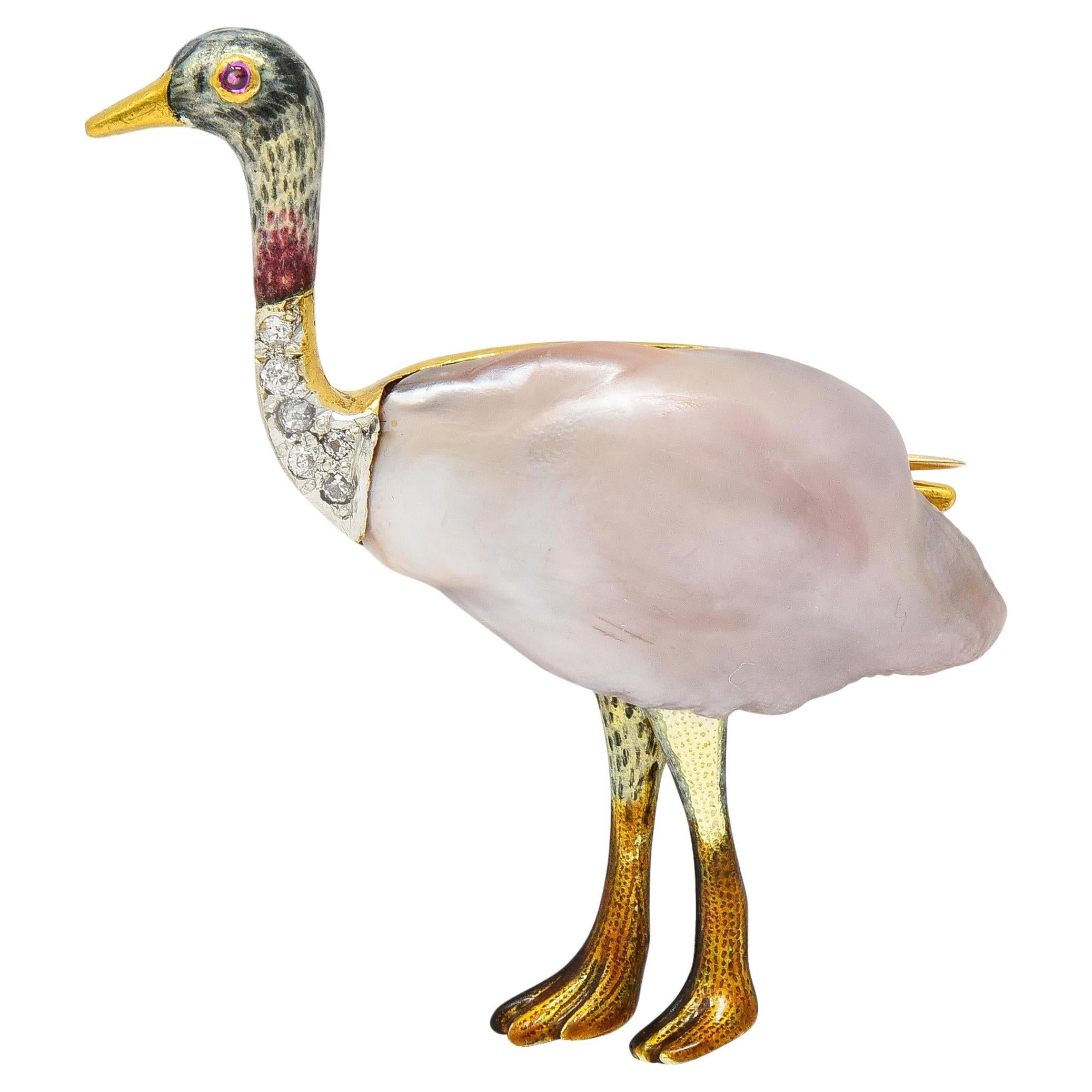 Black Starr & Frost Edwardian Natural Pearl Diamond 14K Gold Ostrich Bird Brooch For Sale