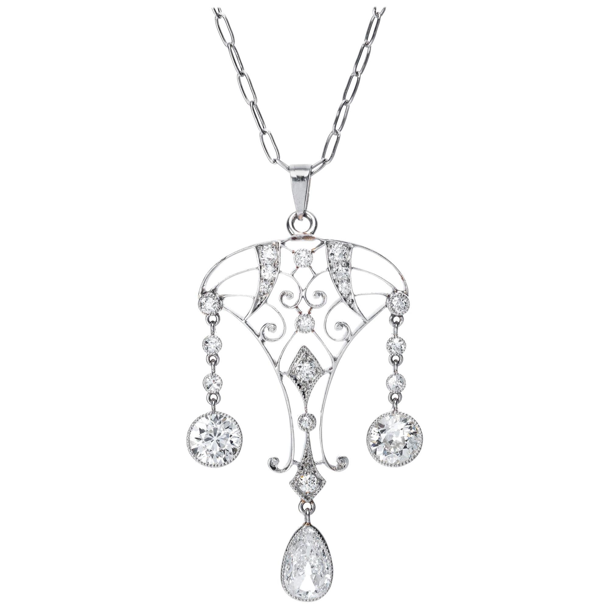 Black Starr & Frost Edwardian Pear Shaped Diamond Platinum Pendant Necklace