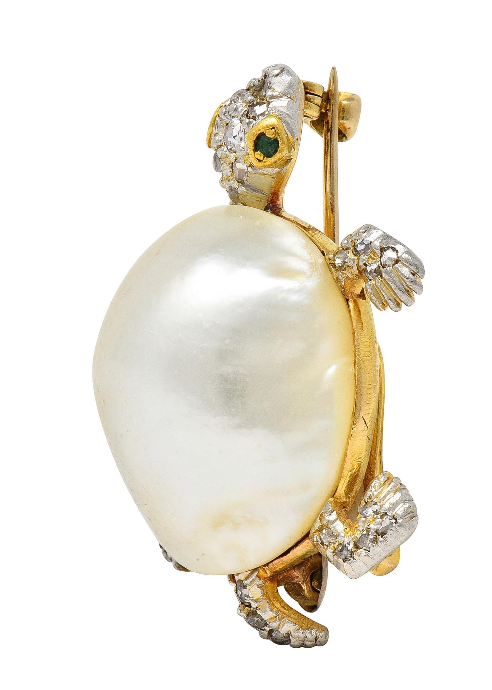 Designed as a stylized gold turtle sporting a blister pearl shell measuring 19.0 x22.0 mm 
Cream in body color with strong iridescence - with platinum-topped legs, head, and tail
Flush set throughout with rose cut diamonds weighing approximately