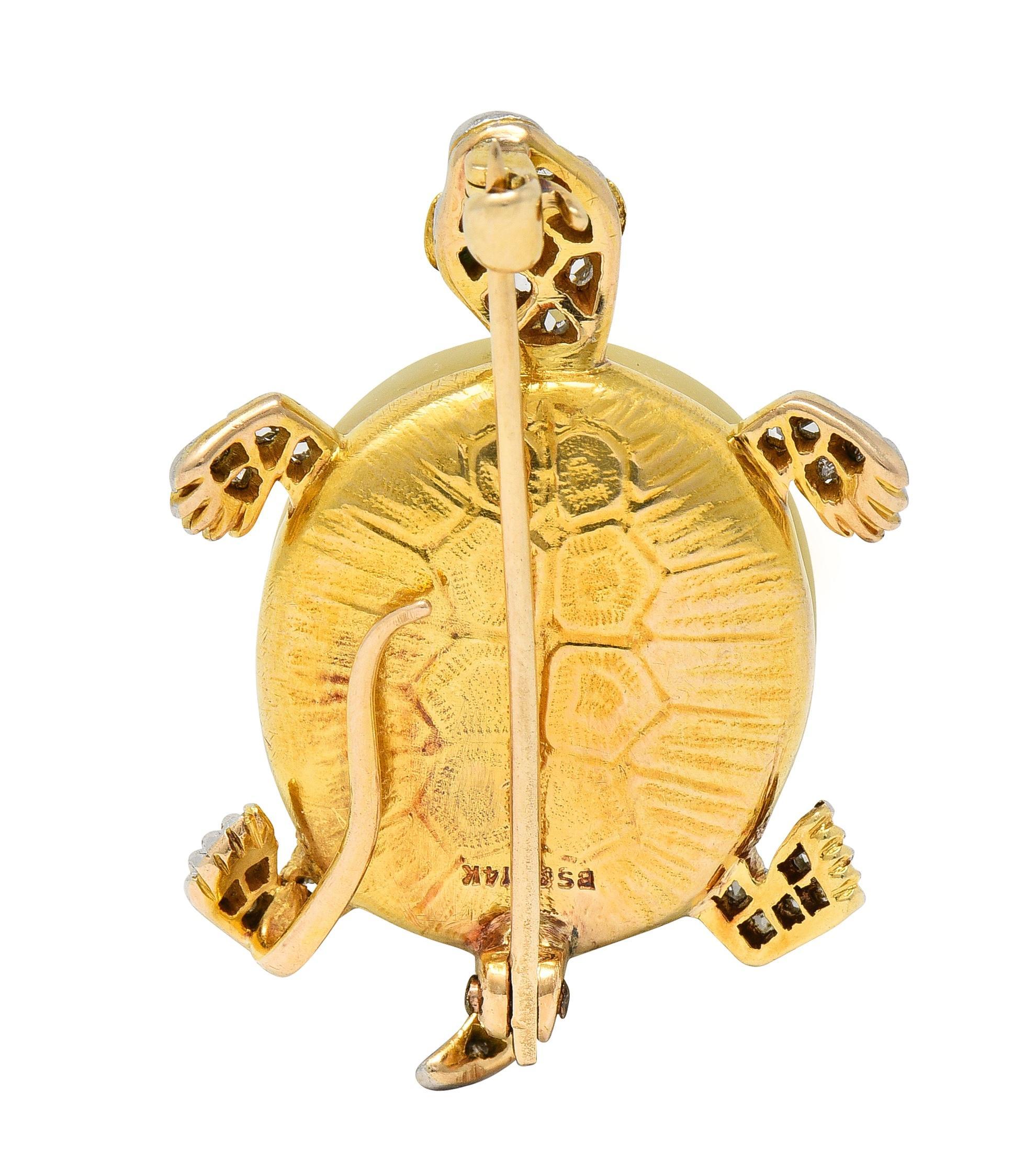 Rose Cut Black Starr & Frost Edwardian Pearl Diamond Platinum 14K Gold Antique Turtle Pin For Sale