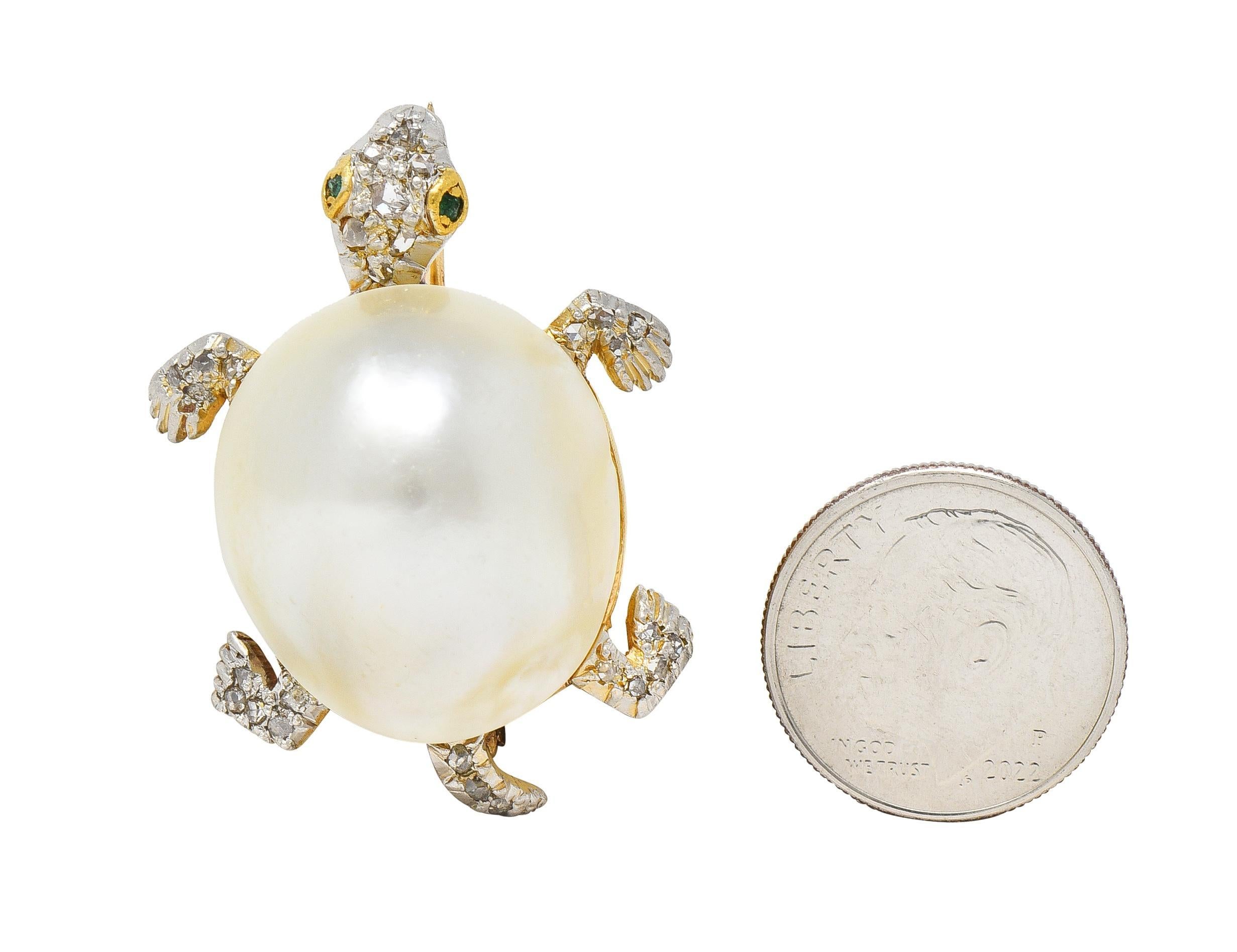 Women's or Men's Black Starr & Frost Edwardian Pearl Diamond Platinum 14K Gold Antique Turtle Pin For Sale
