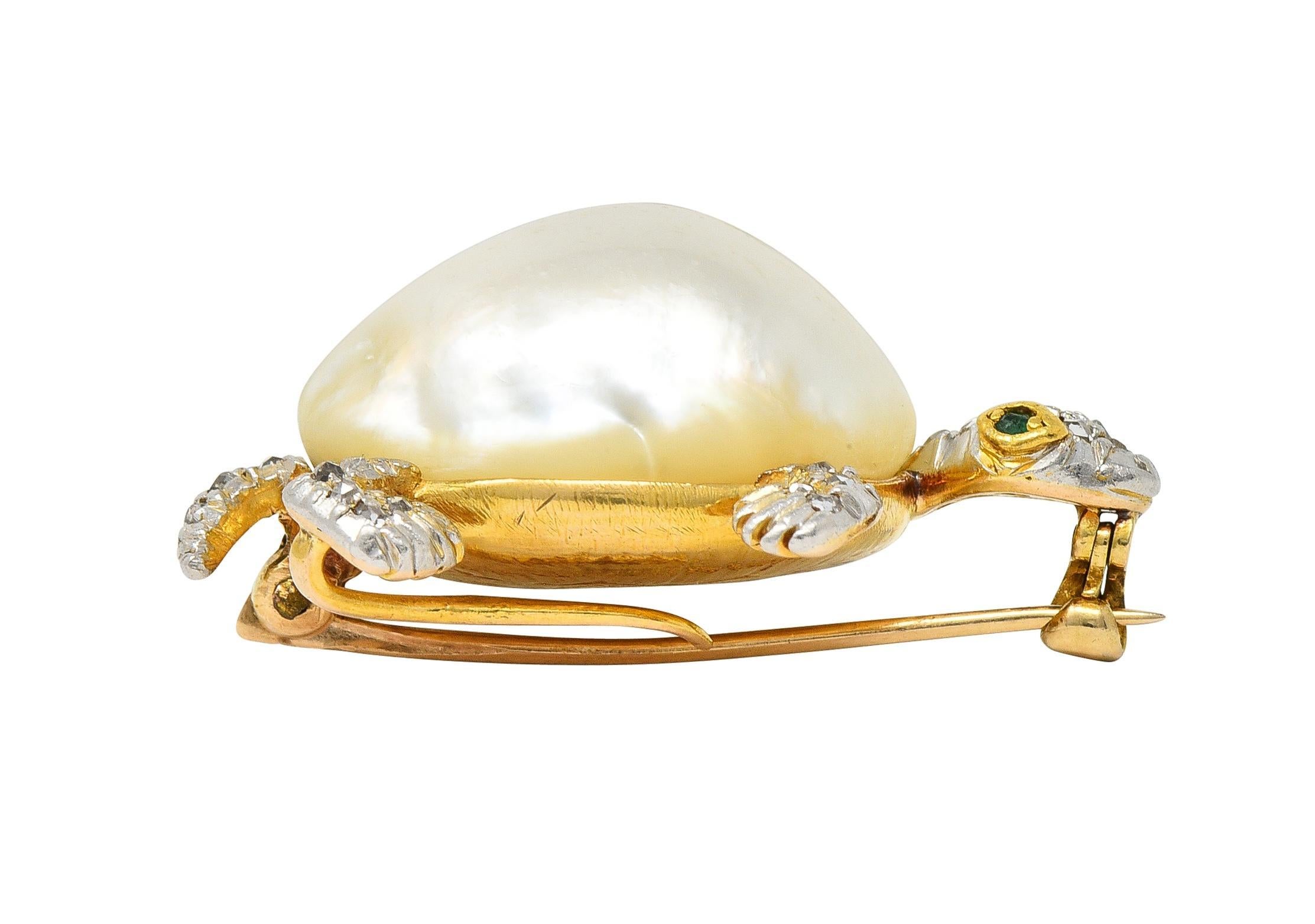 Black Starr & Frost Edwardian Pearl Diamond Platinum 14K Gold Antique Turtle Pin For Sale 4