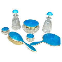 Black, Starr & Frost Enamel Guilloche 7 Piece Sterling Silver Dresser Set
