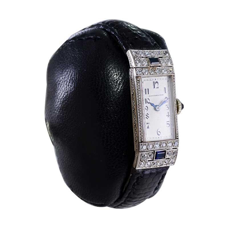 HOUSE / FACTORY: Black Starr & Frost / Longines Watch Company 
STYLE / REFERENCE: Art Deco / Diamond & Sapphire 
METAL / MATERIAL: 18Kt. Solid White Gold
DIMENSIONS: Length 35mm  X Width 14mm
CIRCA: 1920 / 30's
MOVEMENT / CALIBER: Manual Winding /