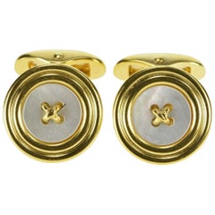 Vintage Black Starr & Frost Mother of Pearl Button Gold Cufflinks