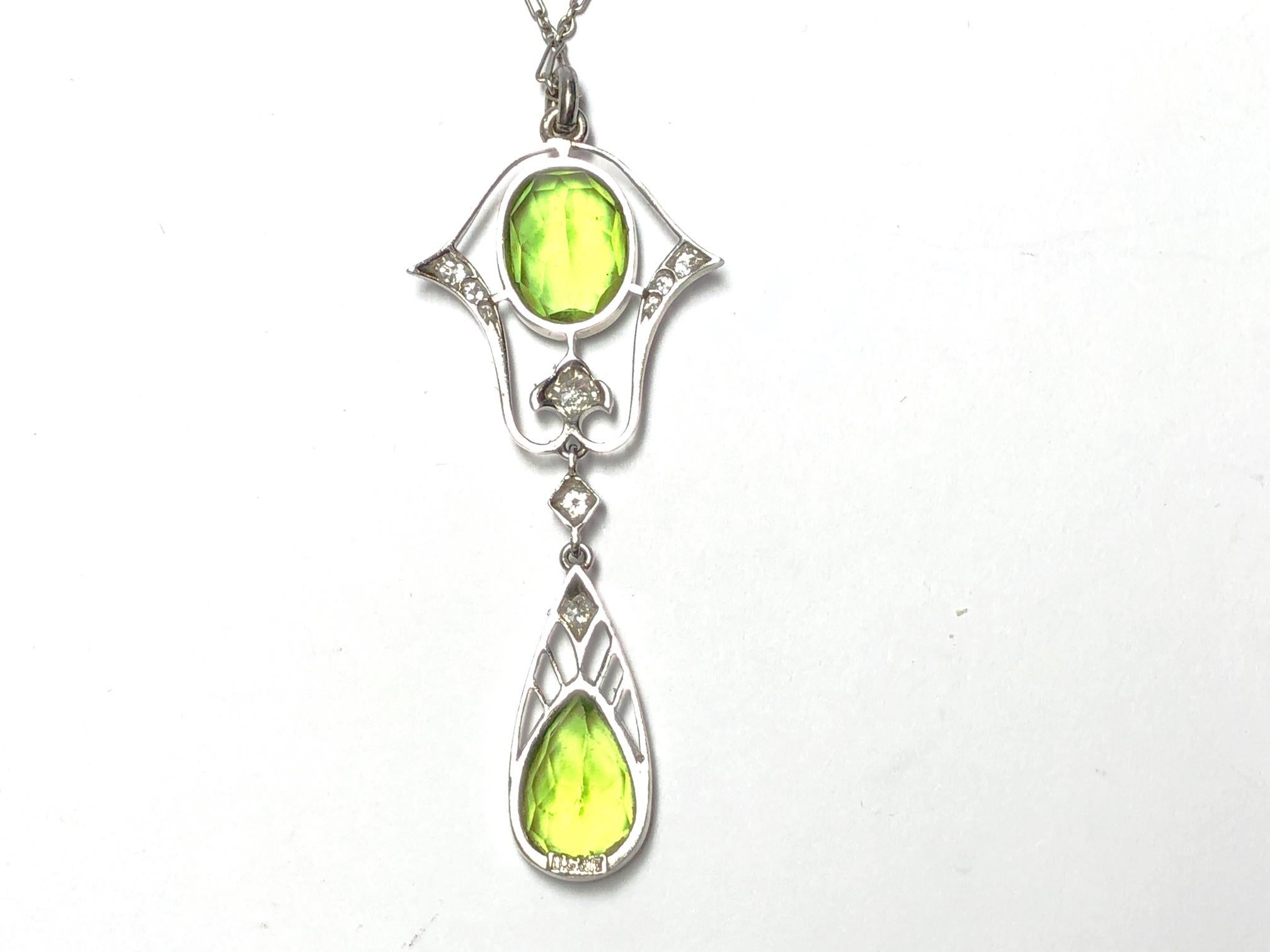 Art Deco Black Starr & Frost Peridot and Diamond Platinum Pendant, Circa 1920 For Sale