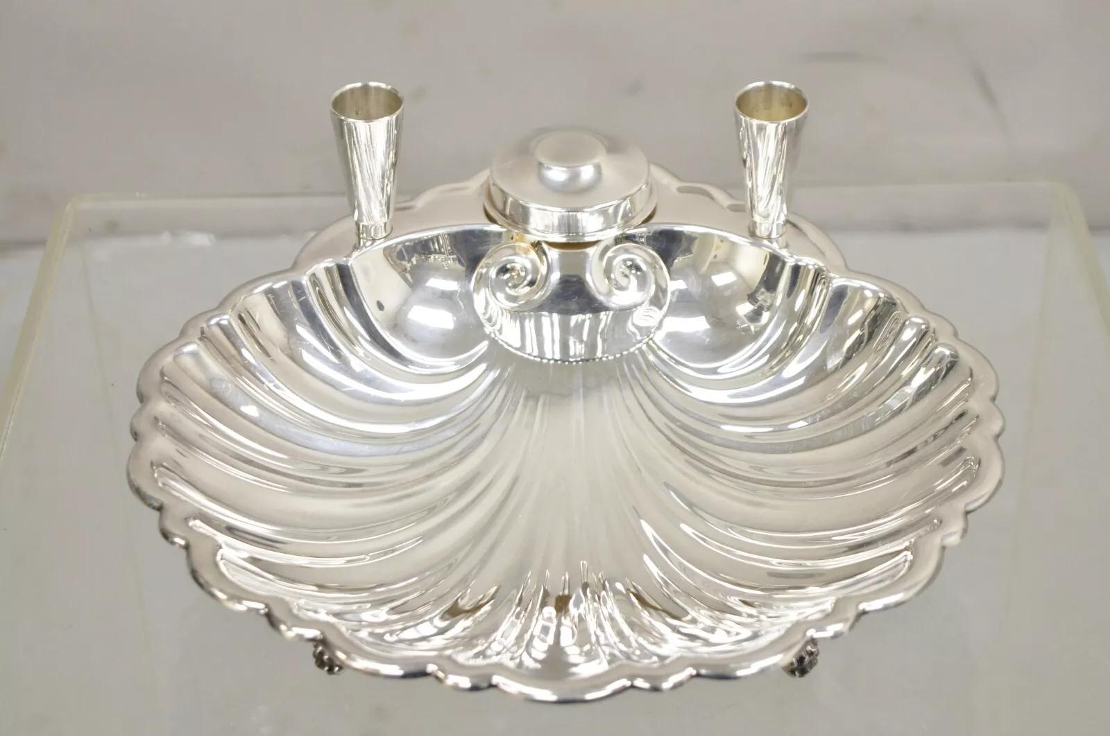 Black Starr & Frost Silver Plated Clam Shell Seafood Cocktail Serving Platter. Circa Late 20th Centutry. Measurements: 4.5