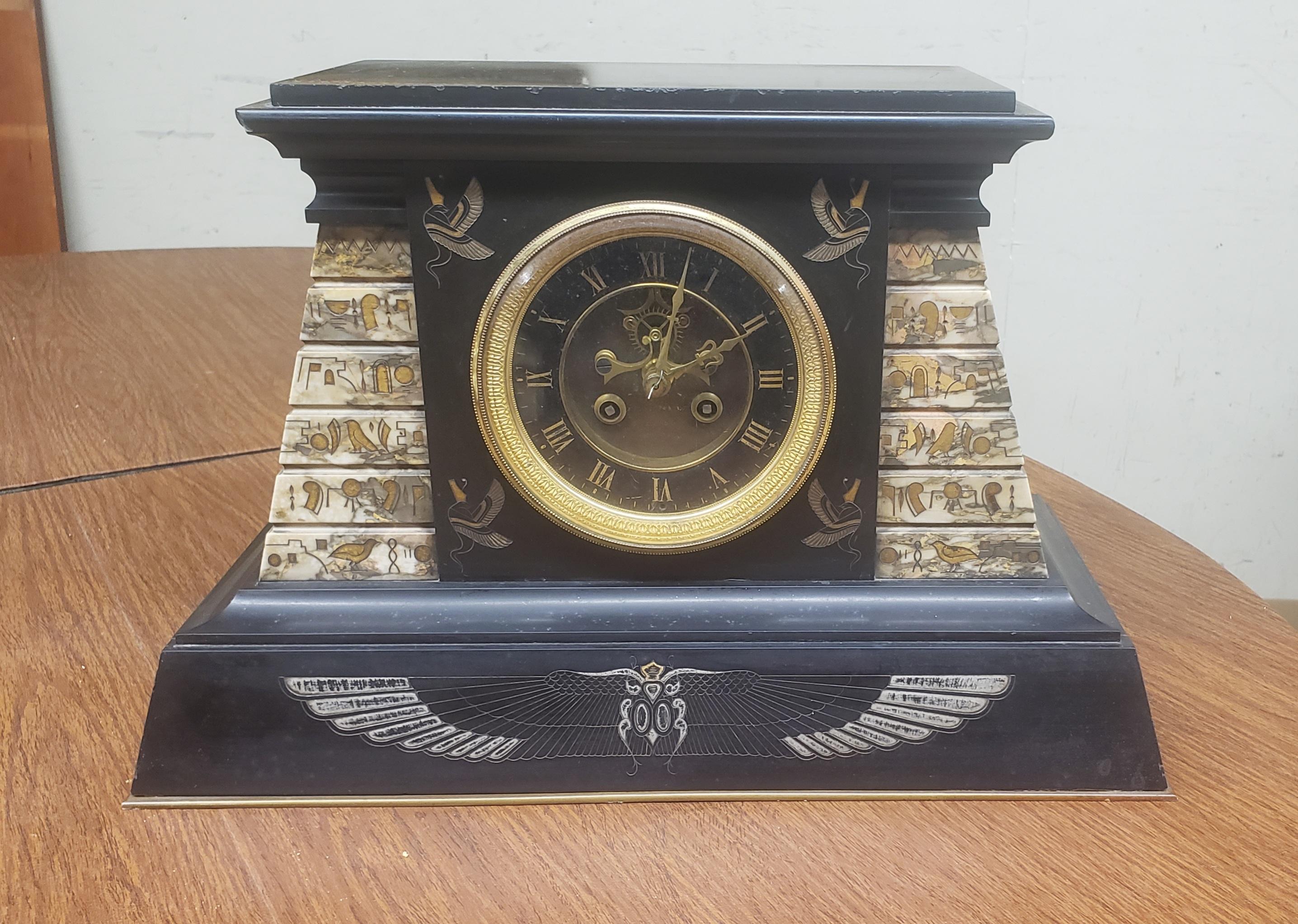 Metal Black, Starr & Frost Victorian Egyptian Revival Clock Garniture Set, circa 1860 For Sale