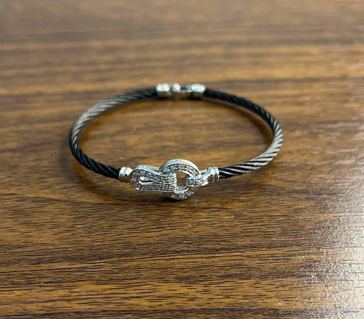 Round Cut Black Steel Cable Row 18 Karat White Gold Diamonds Filigree Statement Bracelet For Sale